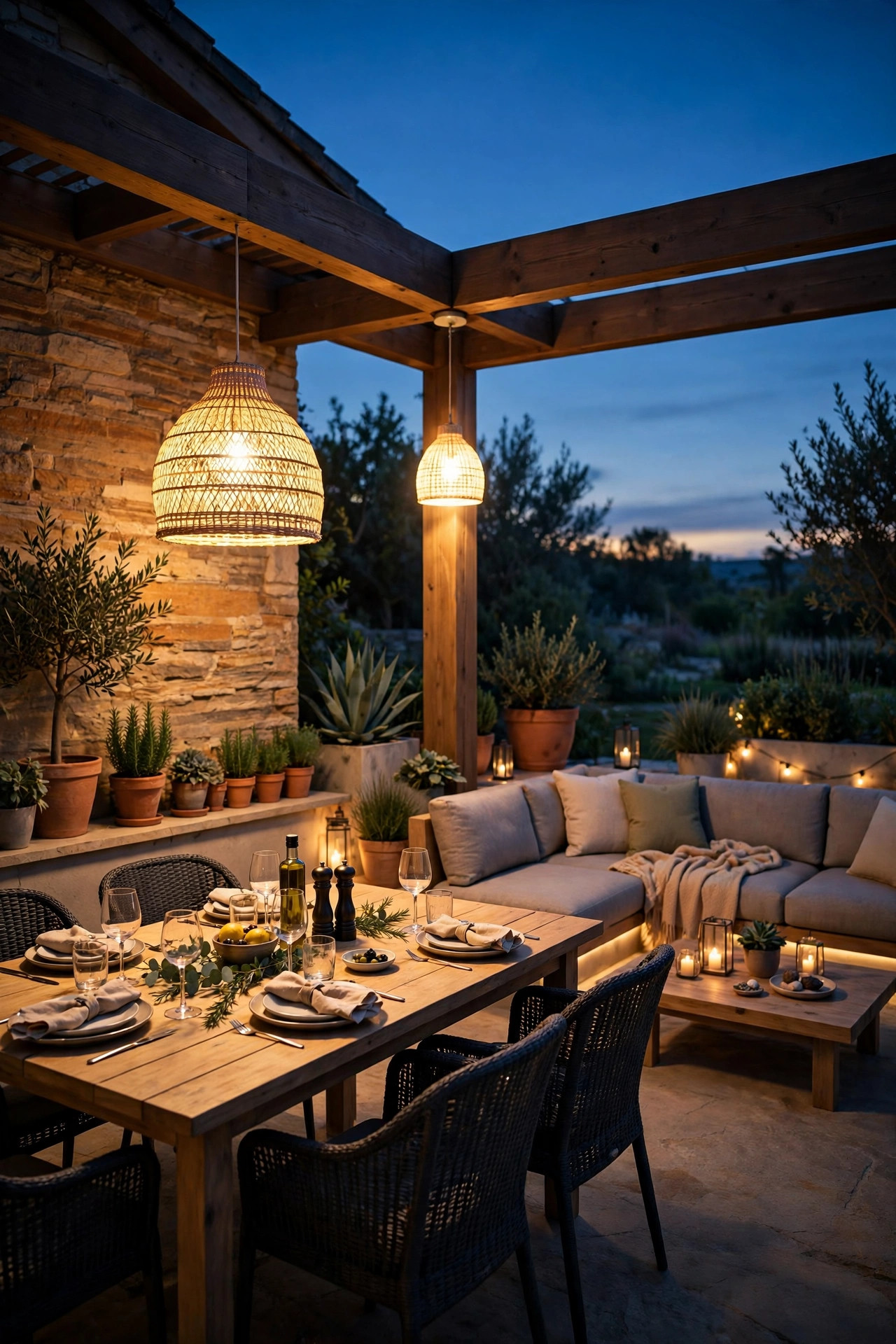 Patio seen at dusk with the dining arm lit bright and warm while the lounging arm glows low and soft, corner pendant between them