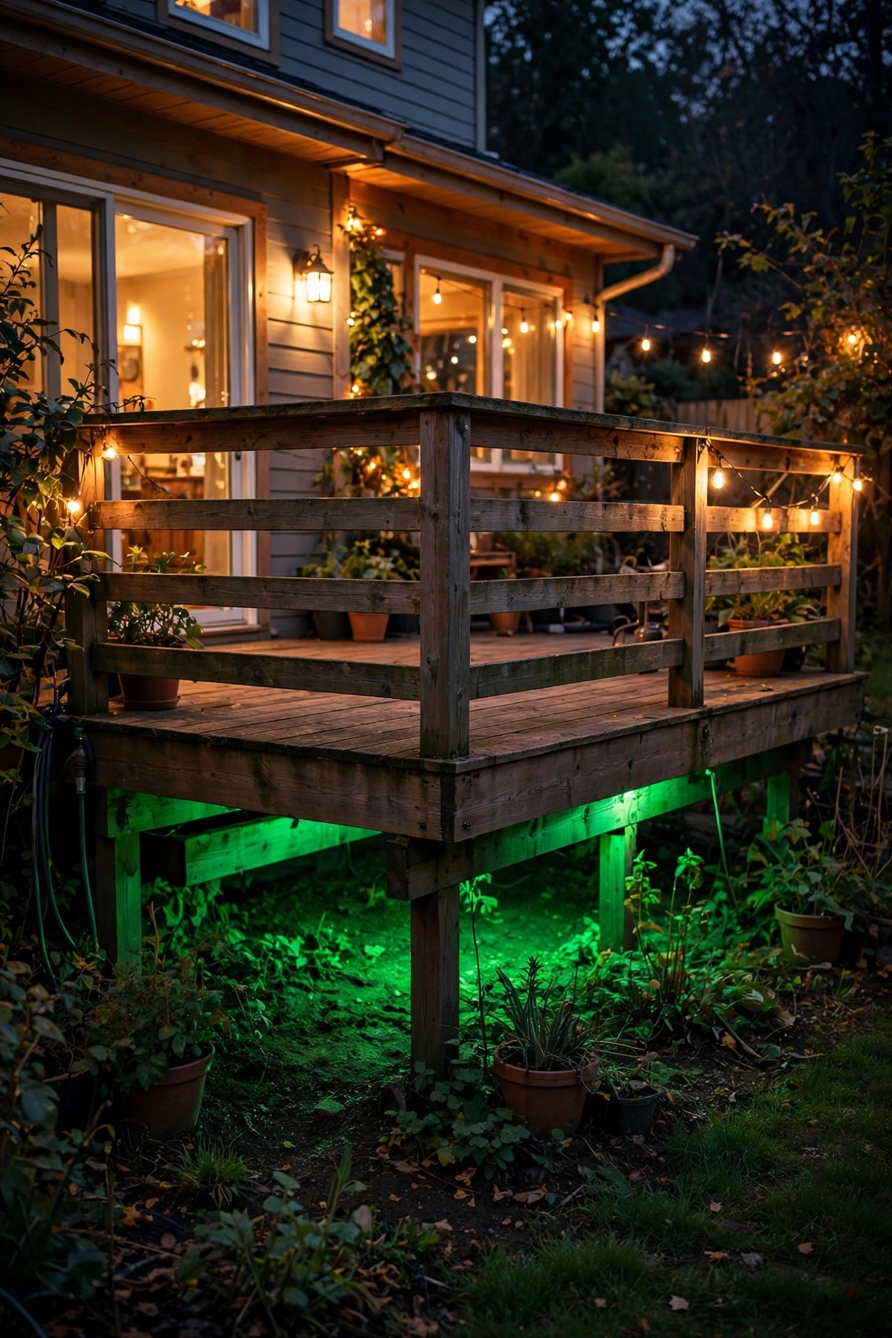 Sickly green light glowing from beneath a backyard deck at night