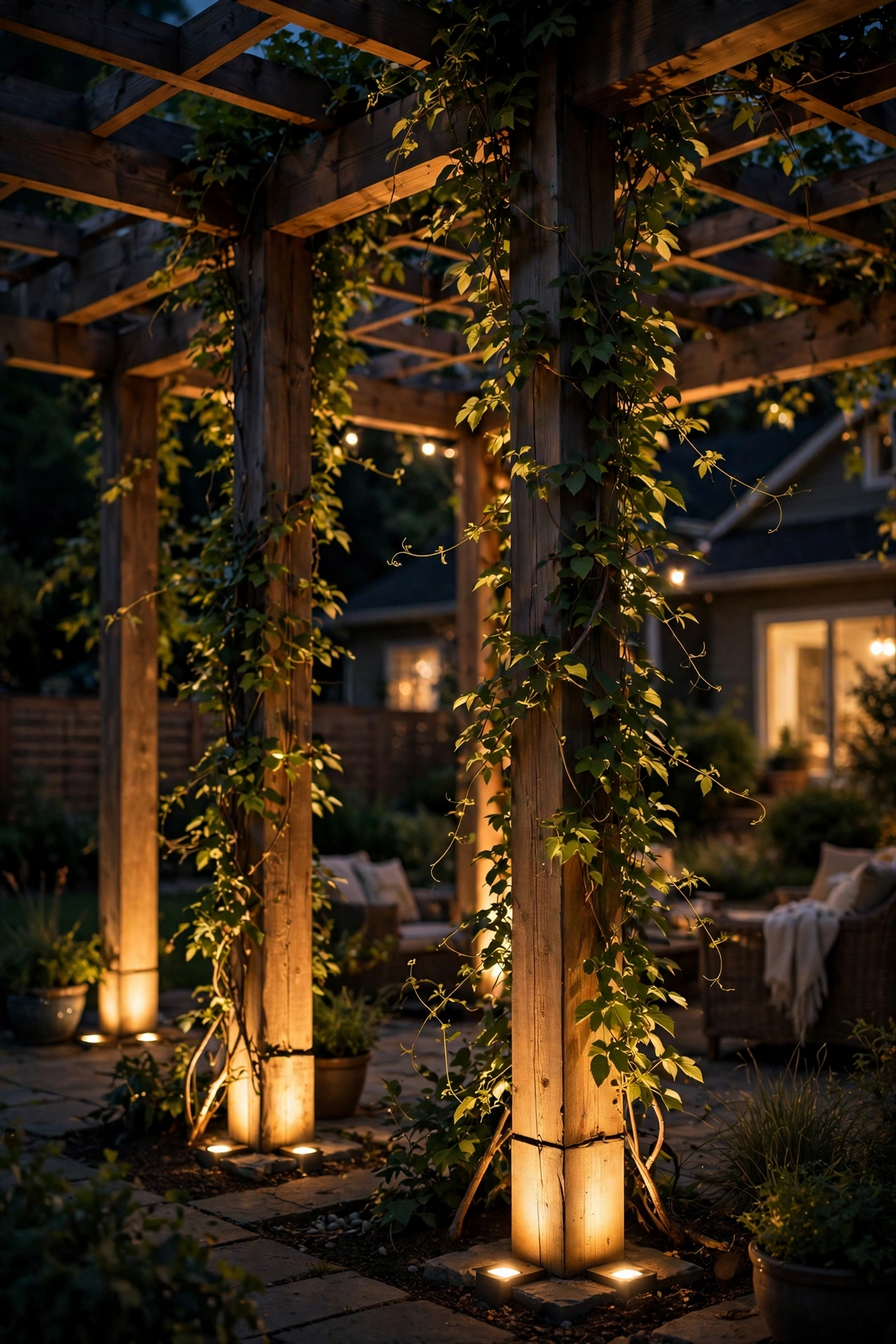 Uplights at the base of pergola posts illuminating climbing vines at night