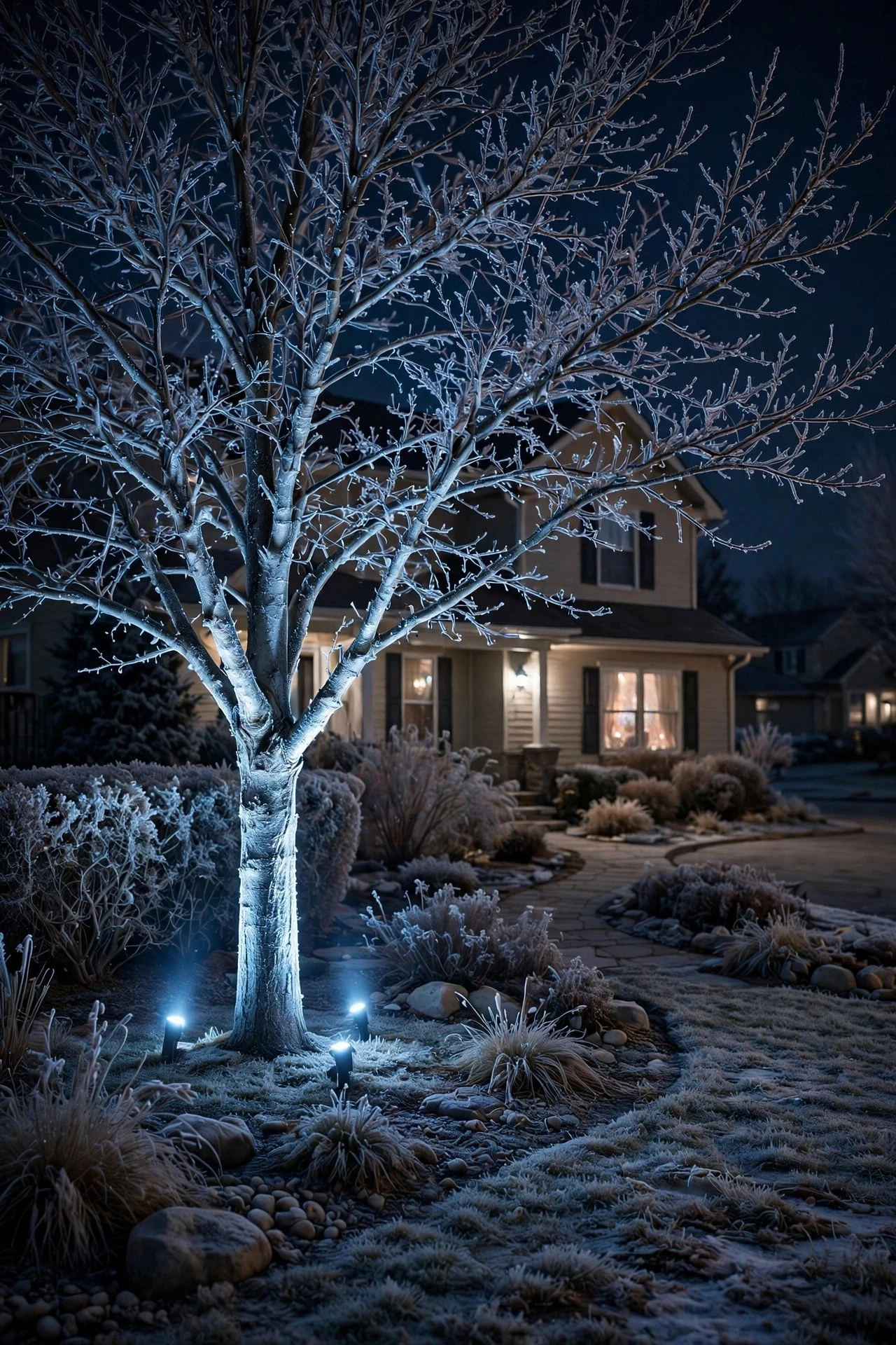 Bare front-yard tree uplit in cool white creating a frosty winter glow at night