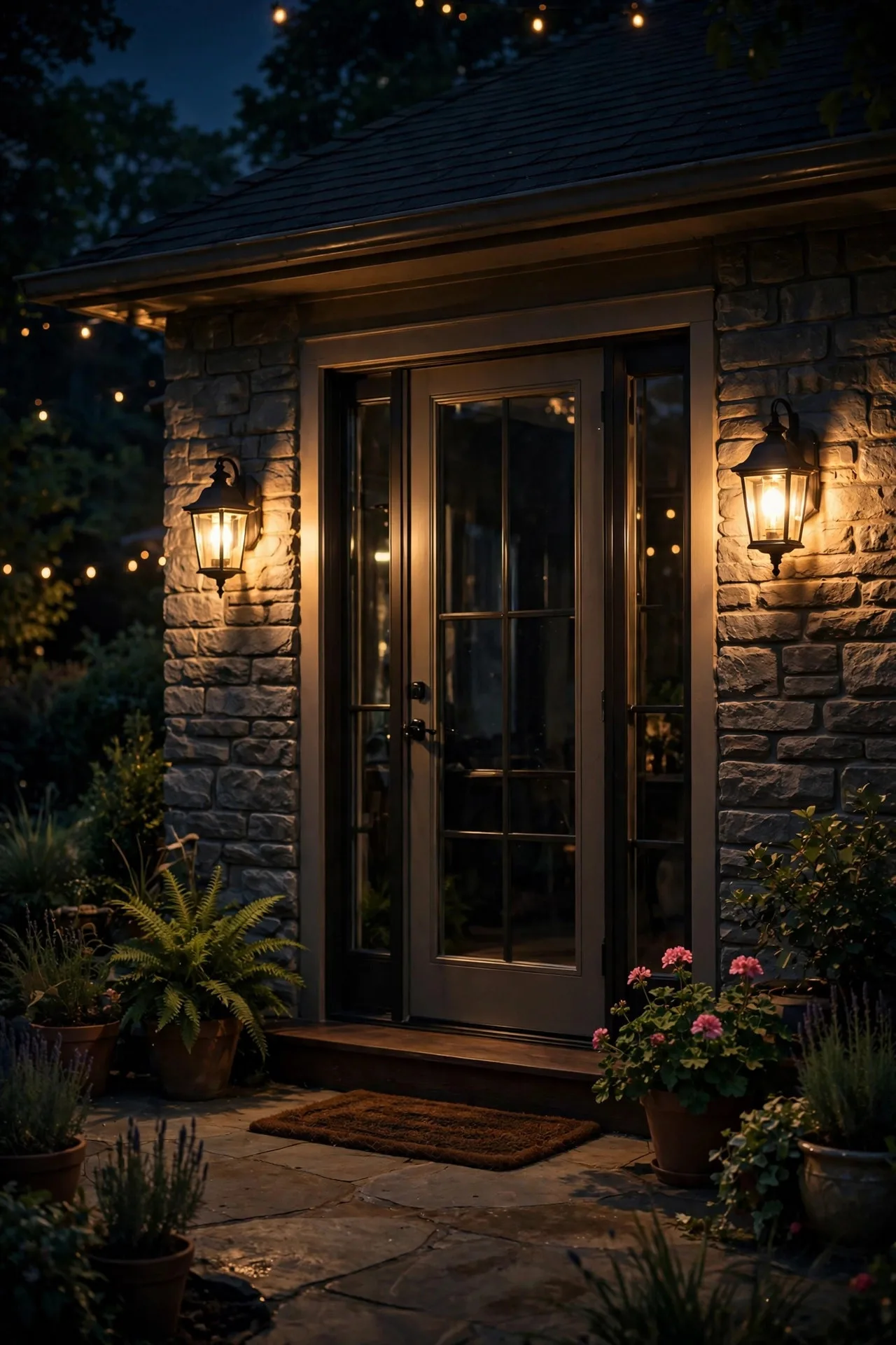 Outdoor lantern wall sconces glowing on either side of a patio door at night