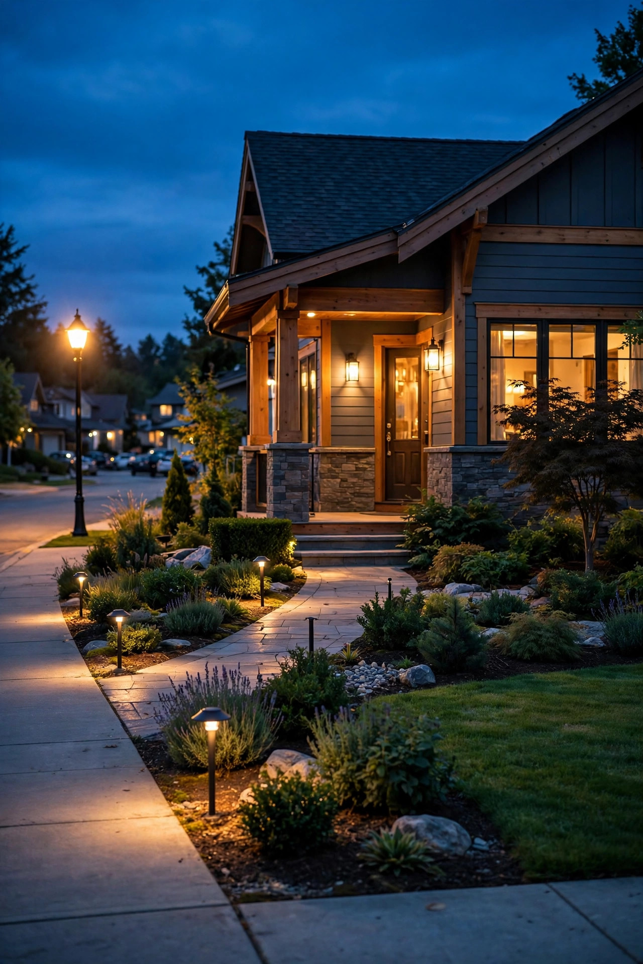 Finished front yard at dusk during a walkthrough, warm layered lighting glowing calmly from the street view