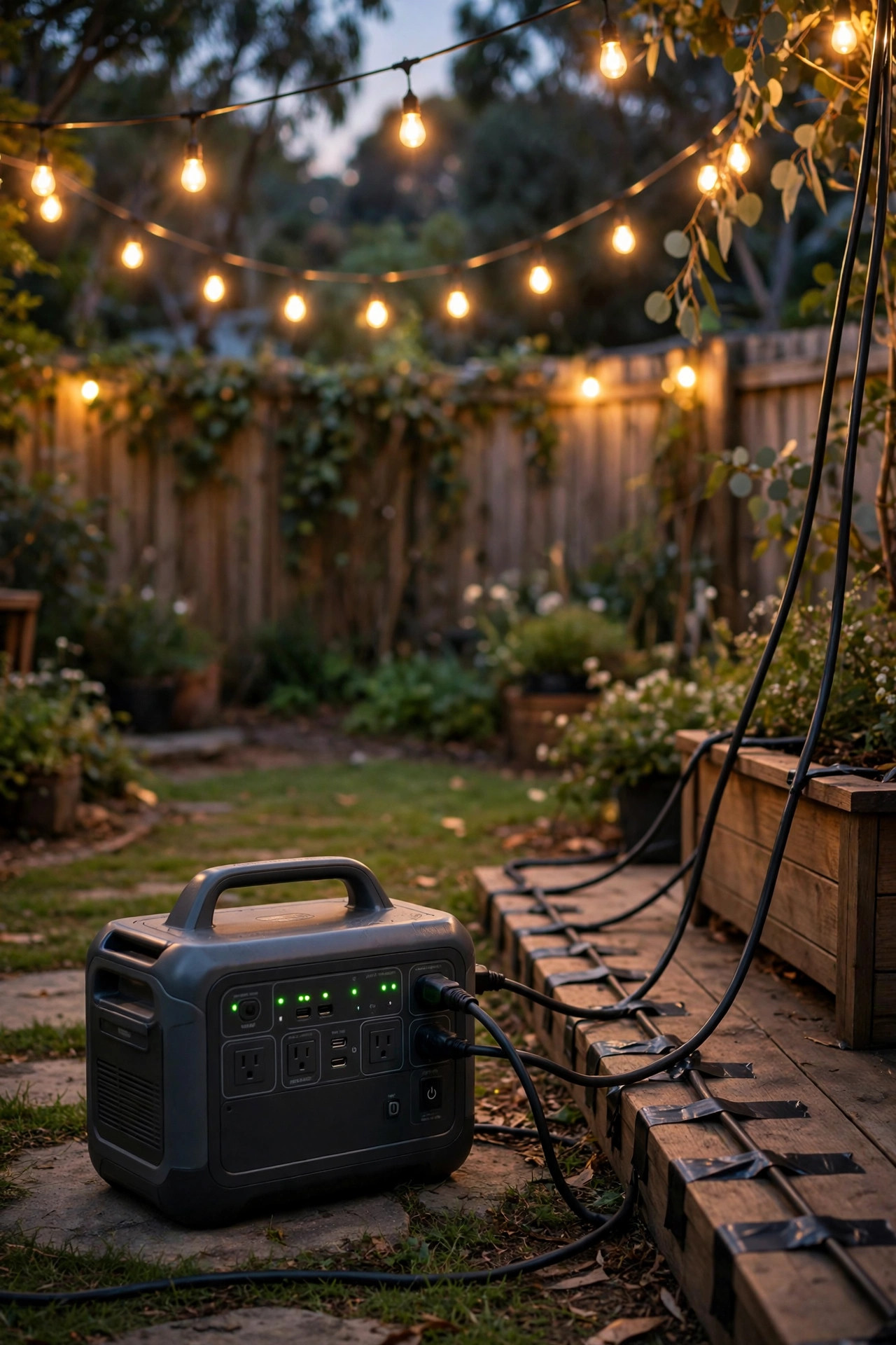 Portable power station and neatly taped outdoor extension cords powering backyard wedding string lights