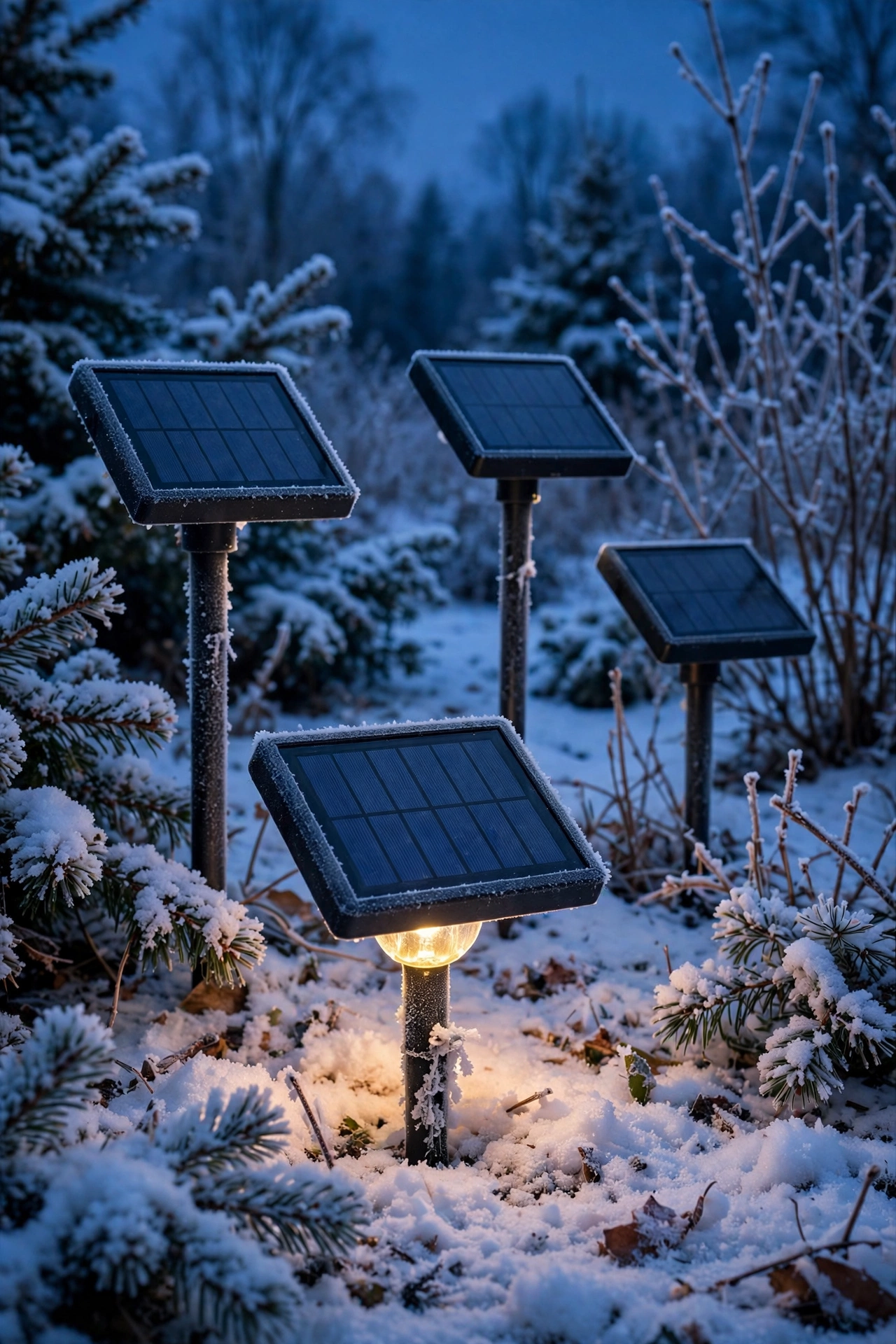 Solar path light with snow brushed off its tilted panel glowing in a winter garden
