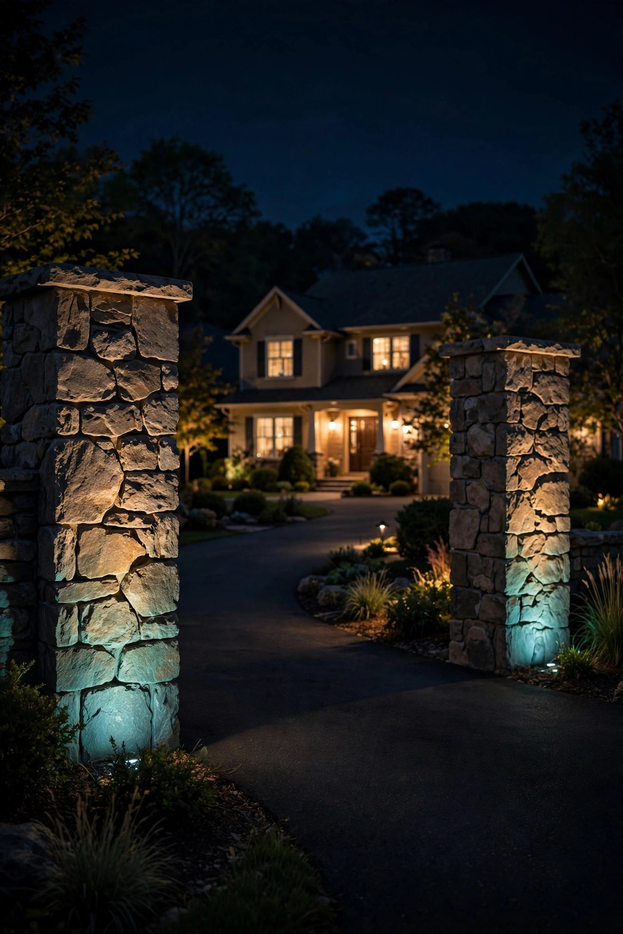 Driveway entrance pillars washed in soft color-changing accent light at night