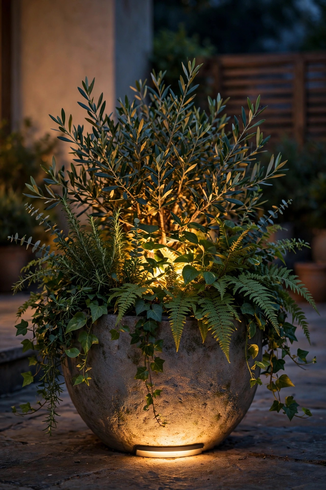 Large leafy patio planter washed in soft color-changing light from a hidden smart uplight at night