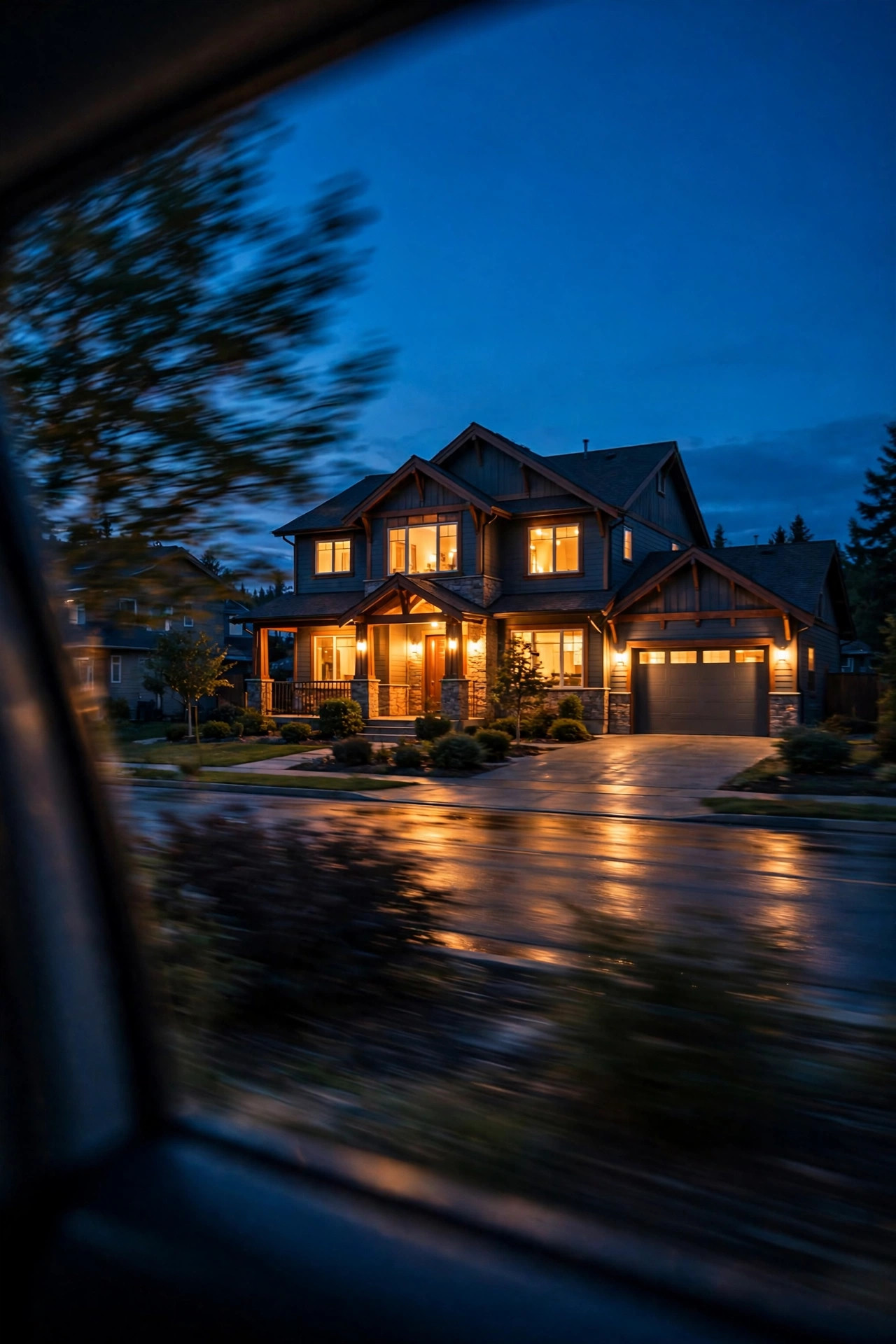 View of a warmly lit home from the street at blue hour during a dusk drive-by lighting test