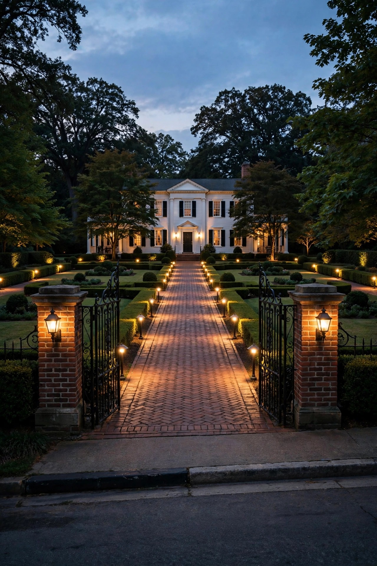 View from the street of a fully lit colonial garden at dusk with perfectly symmetrical landscape lighting along a central brick axis