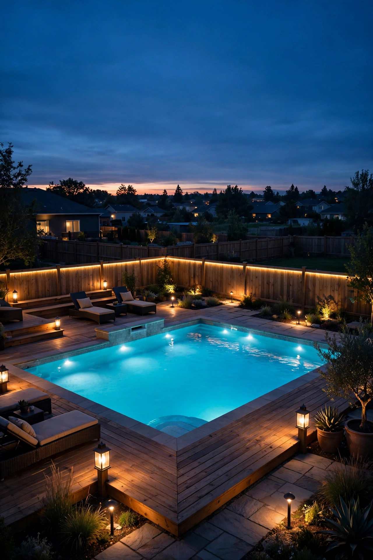 Pool and deck glowing automatically at dusk with timer-controlled lighting
