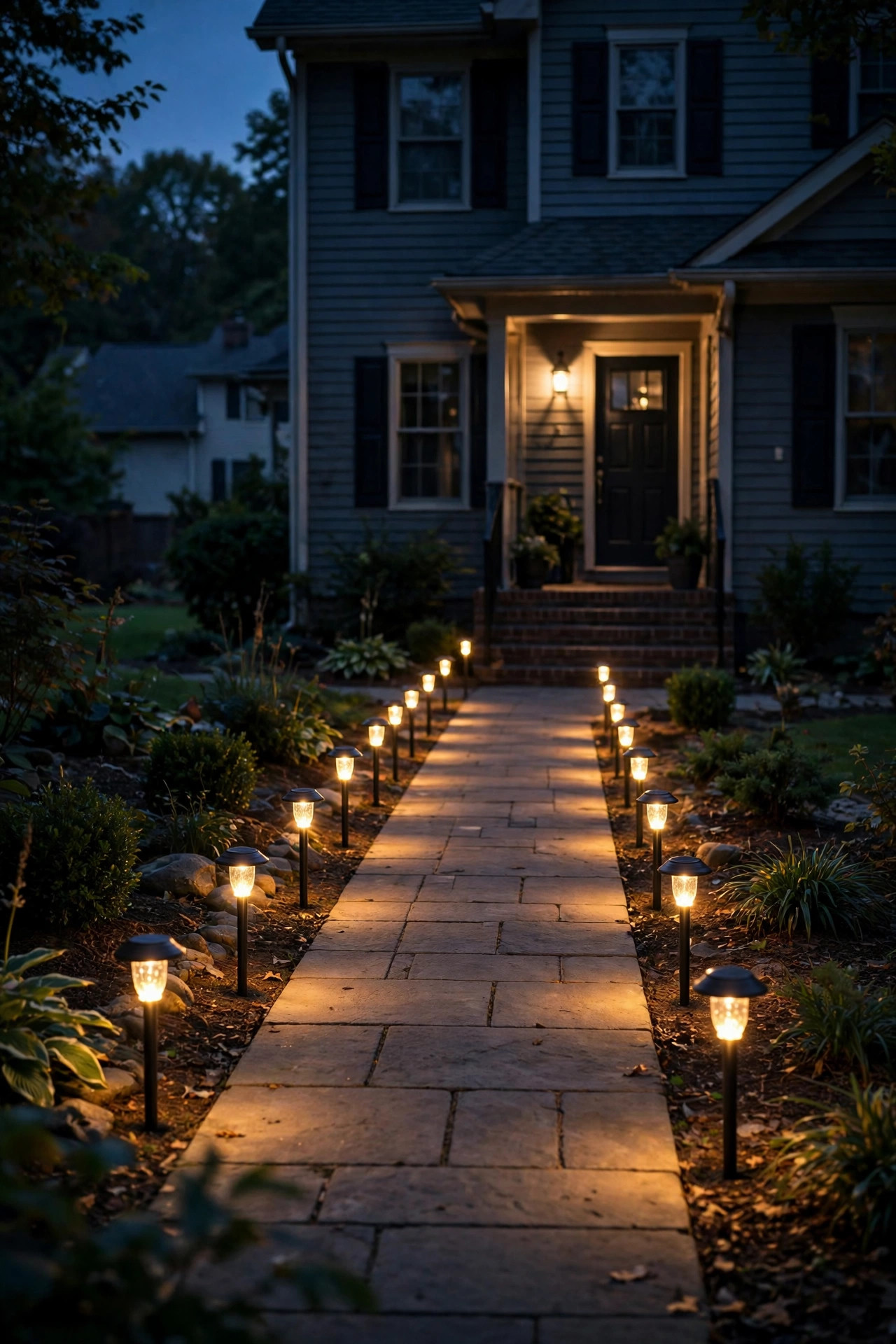 Dusk-to-dawn solar stake lights glowing steadily along a narrow suburban front walkway in deep evening