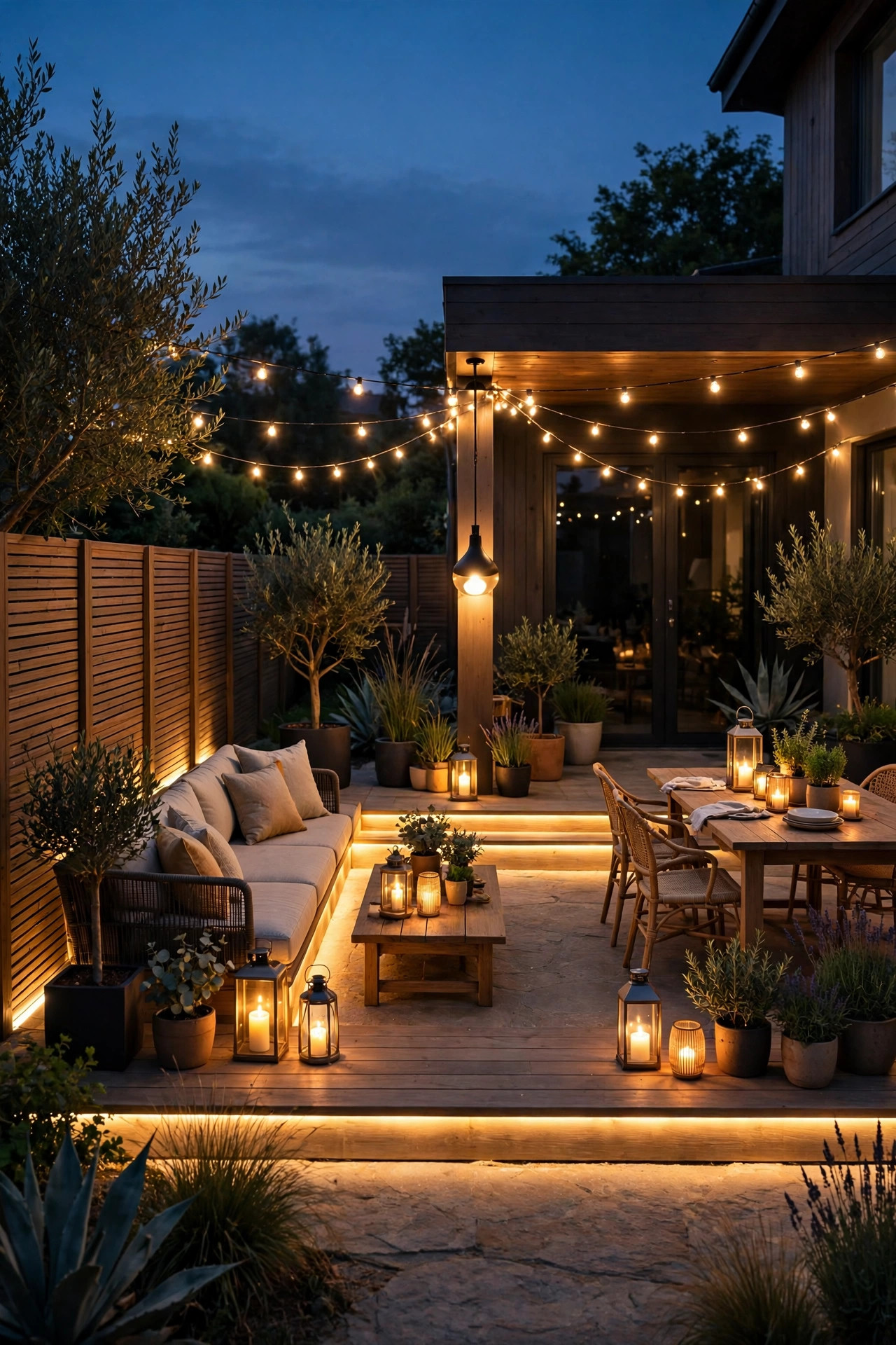 Finished L-shaped patio at dusk with every layer glowing together — corner pendant, string lights, lanterns and soft edge light on both arms