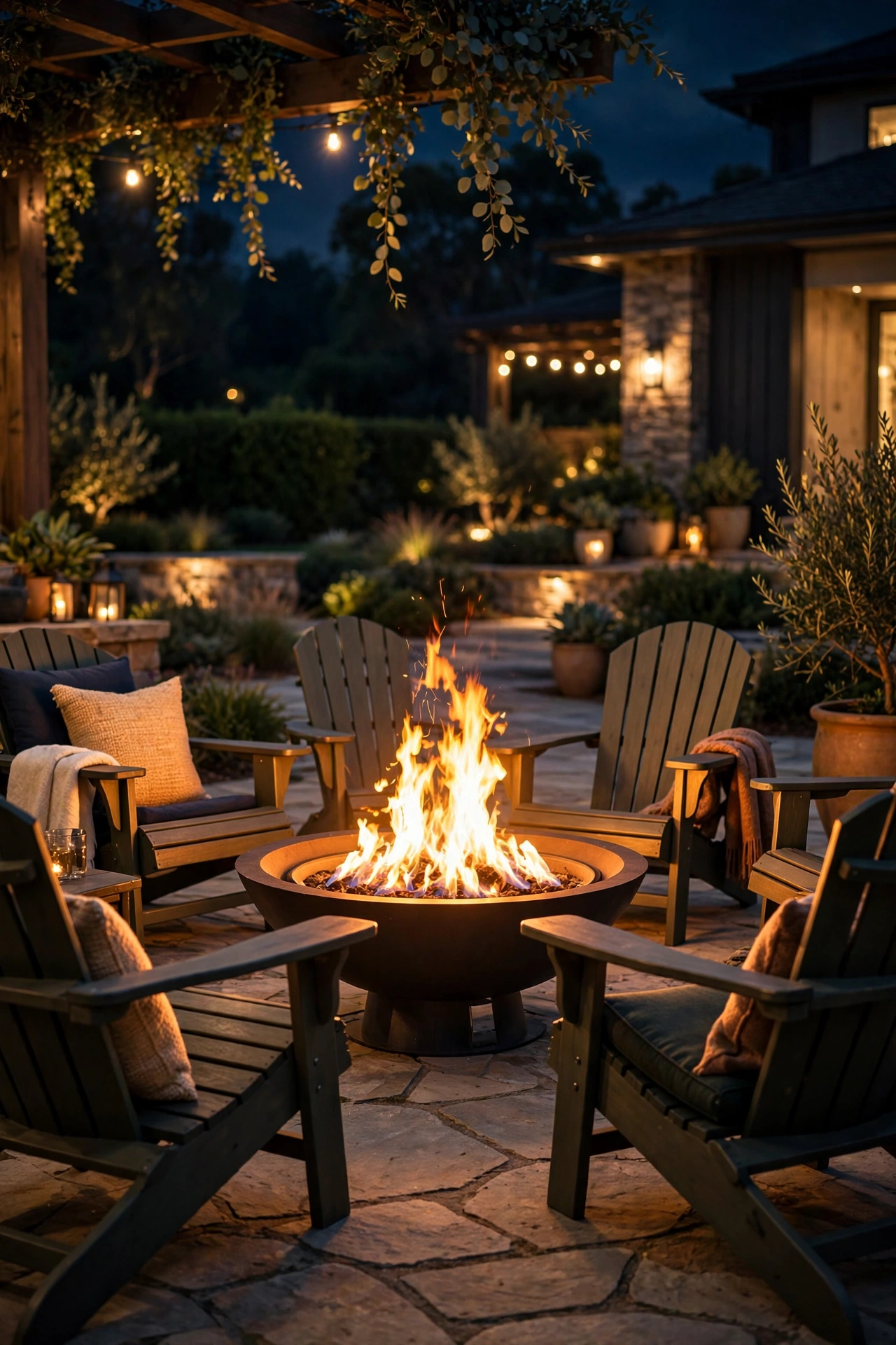Propane fire bowl with dancing flames as the centerpiece of a patio seating area at night