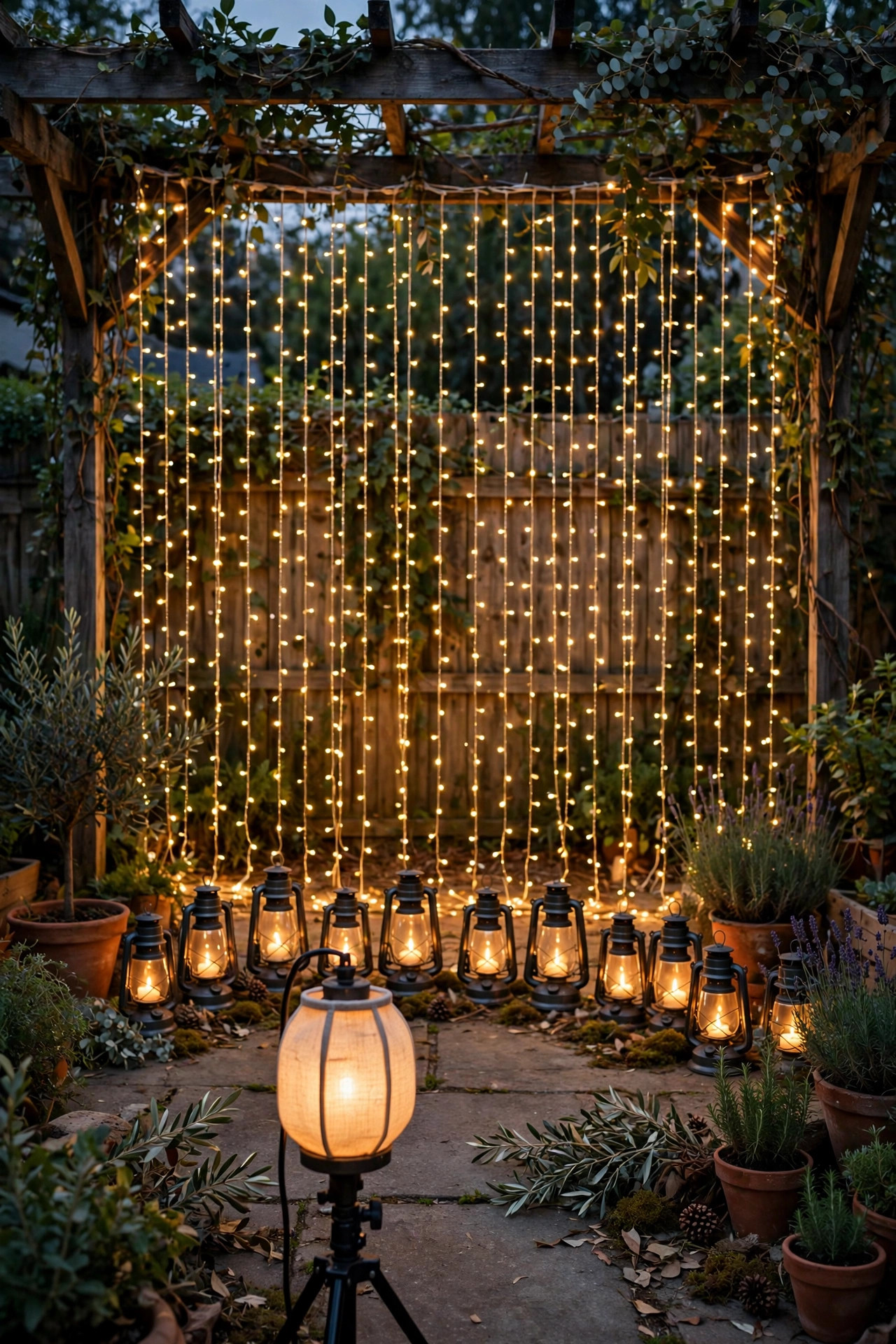 Complete layered outdoor photo backdrop with fairy curtain, floor lanterns and key light ready for party guests at dusk