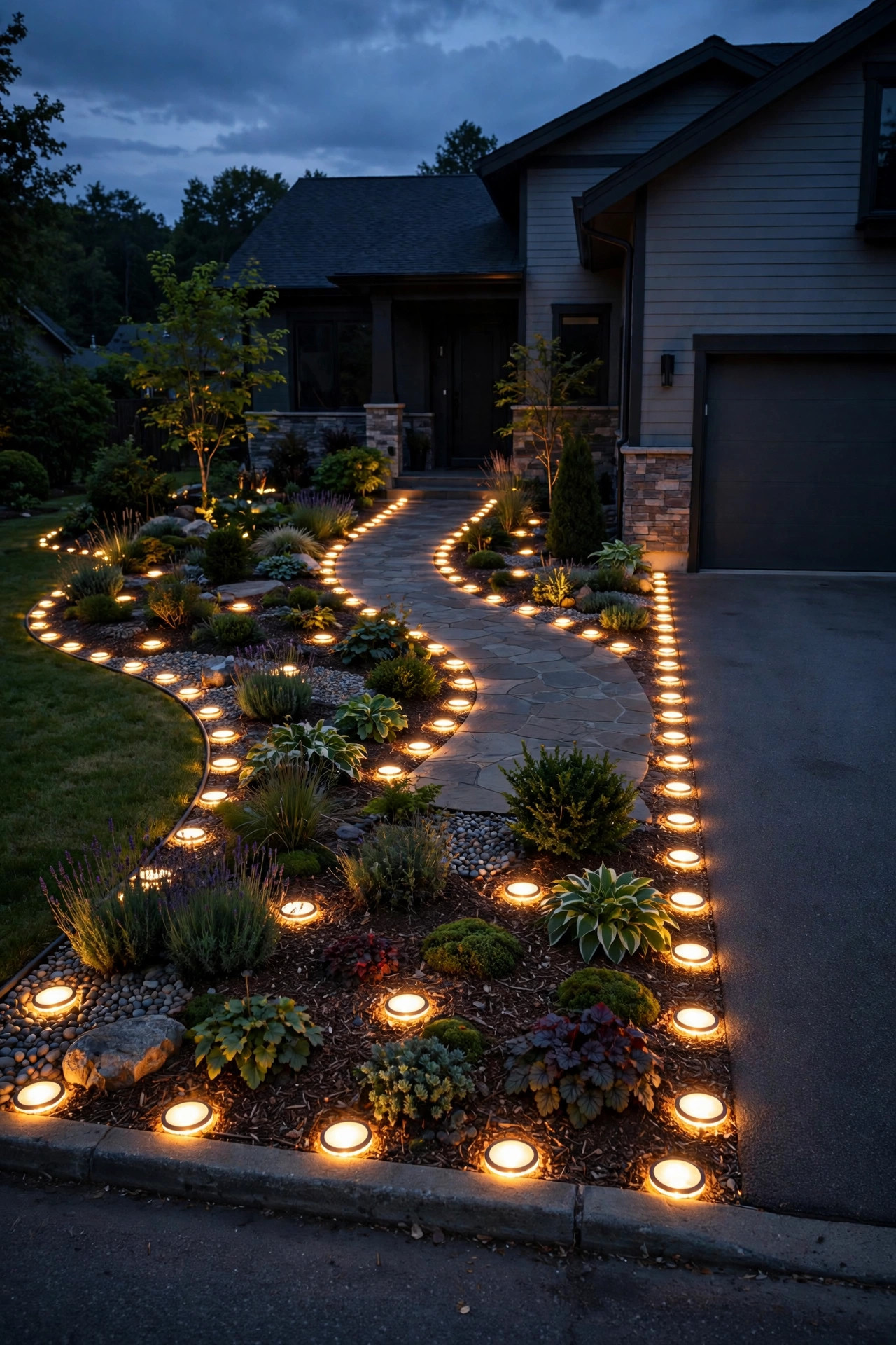 A front yard lit entirely with solar disk lights along the walkway, beds, and driveway at dusk