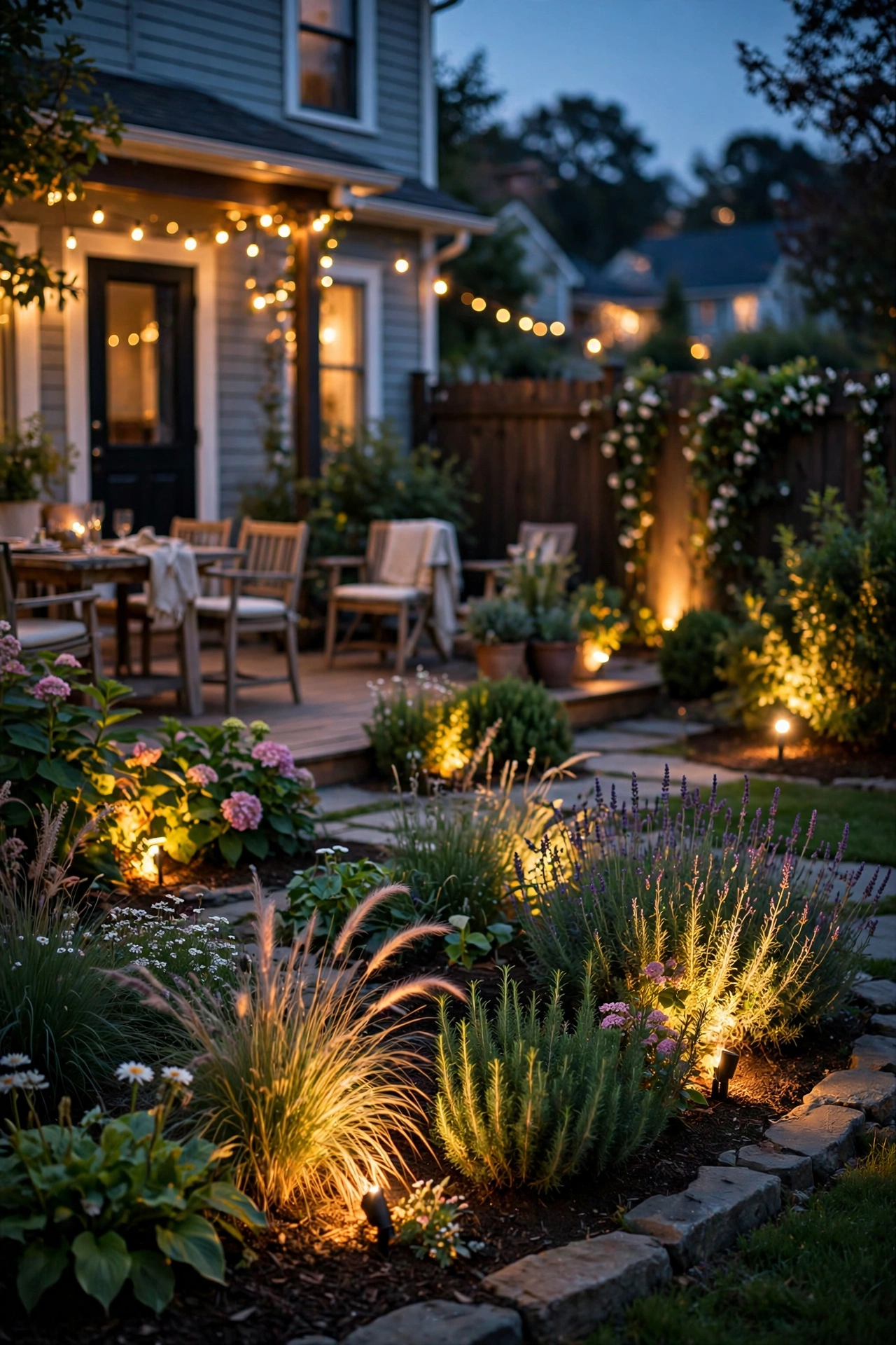 Small spotlights illuminating garden beds and plants for a layered backyard party glow