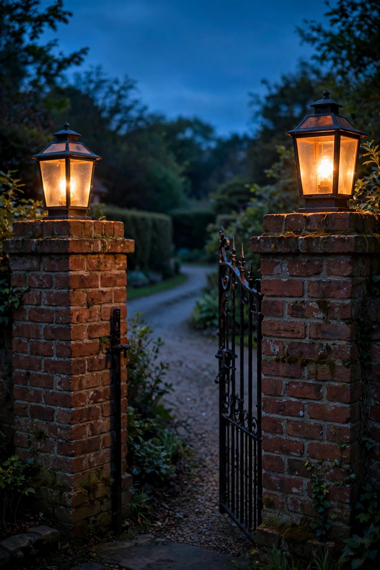 Two lantern lights glowing on brick gate piers at the entrance of a traditional driveway at dusk