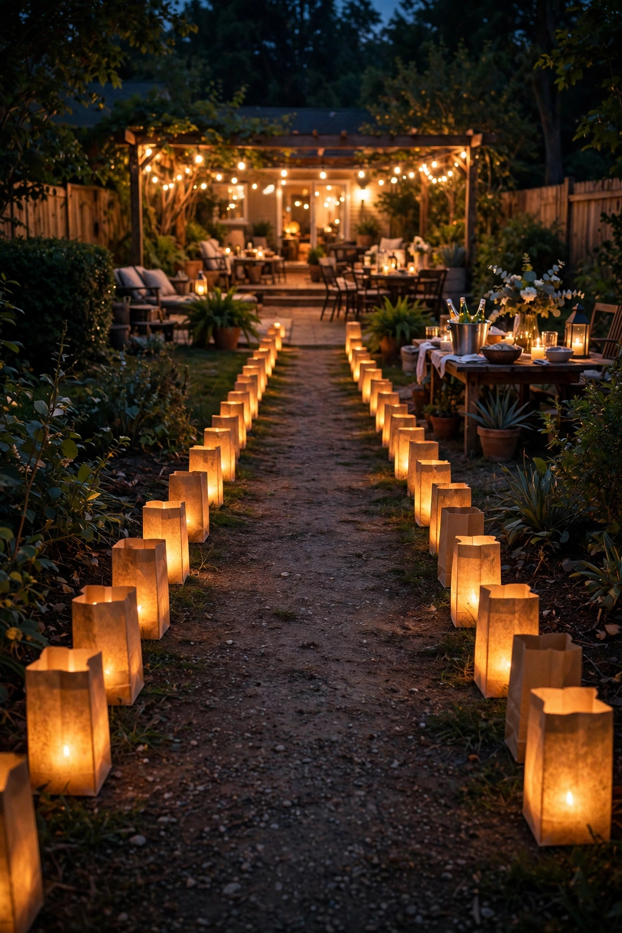 Exit path lined with glowing luminaria bags for a send-off at the end of an outdoor night party