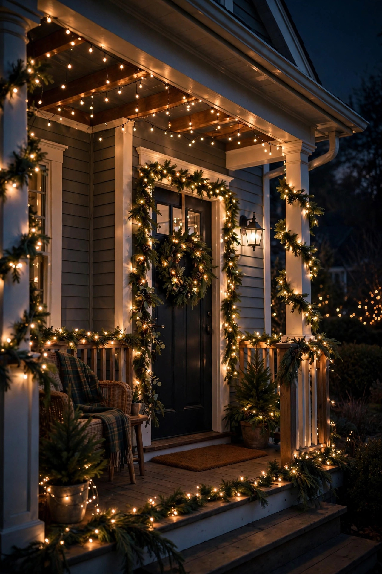 Front porch decorated with festive fairy lights and holiday garlands glowing at night