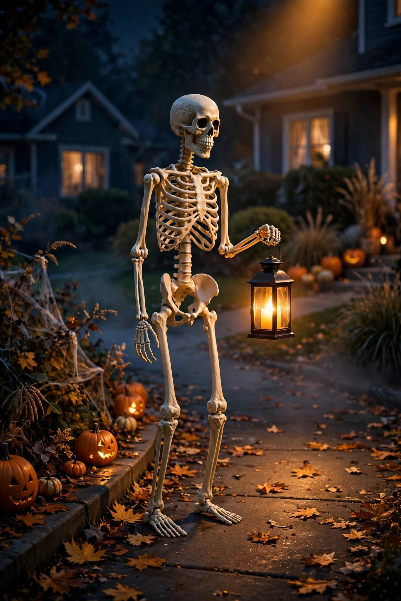 Poseable skeleton holding a glowing lantern lit by amber spotlight near a walkway