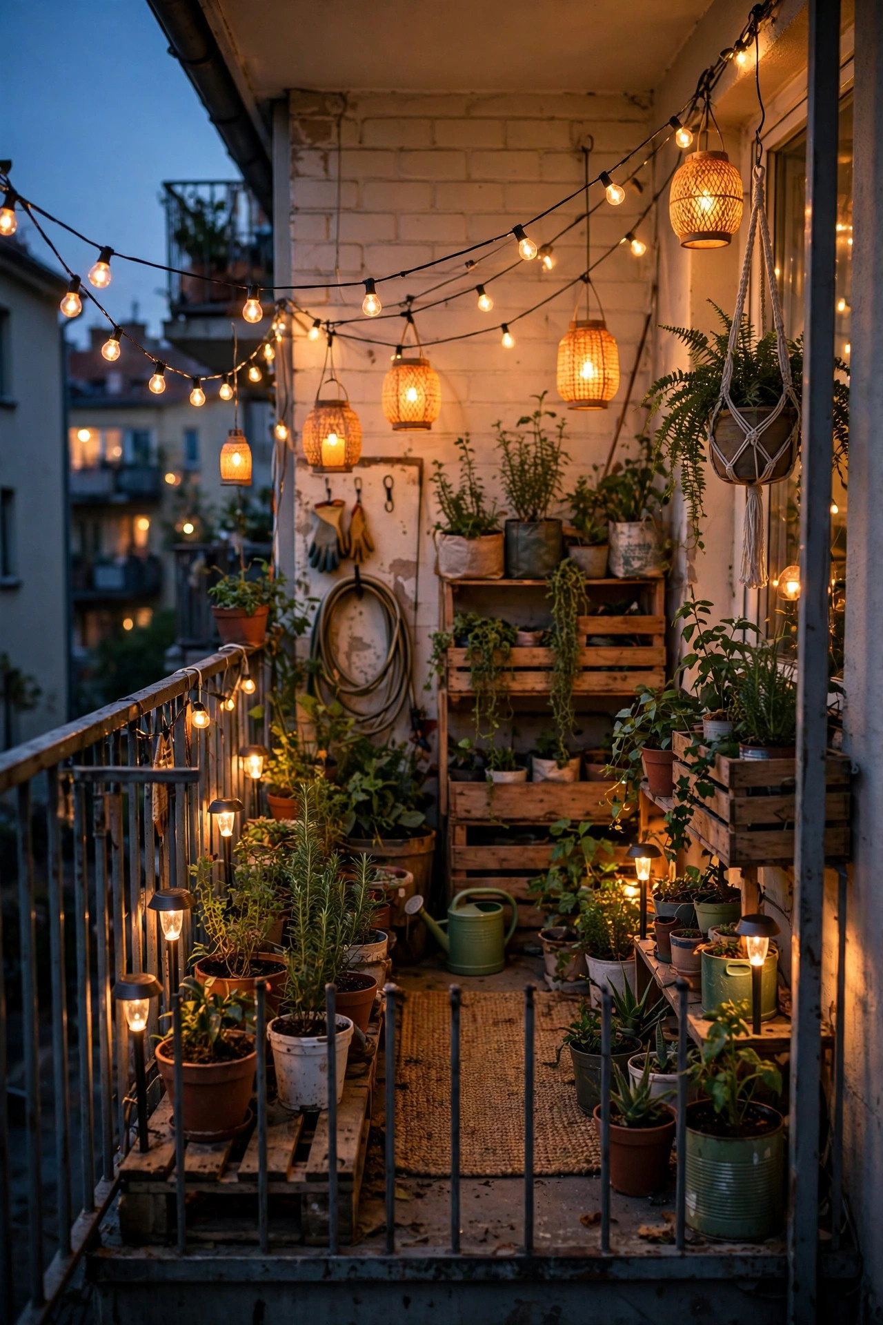 Fully layered budget balcony at dusk with overhead string lights, glowing lanterns and low stake lights