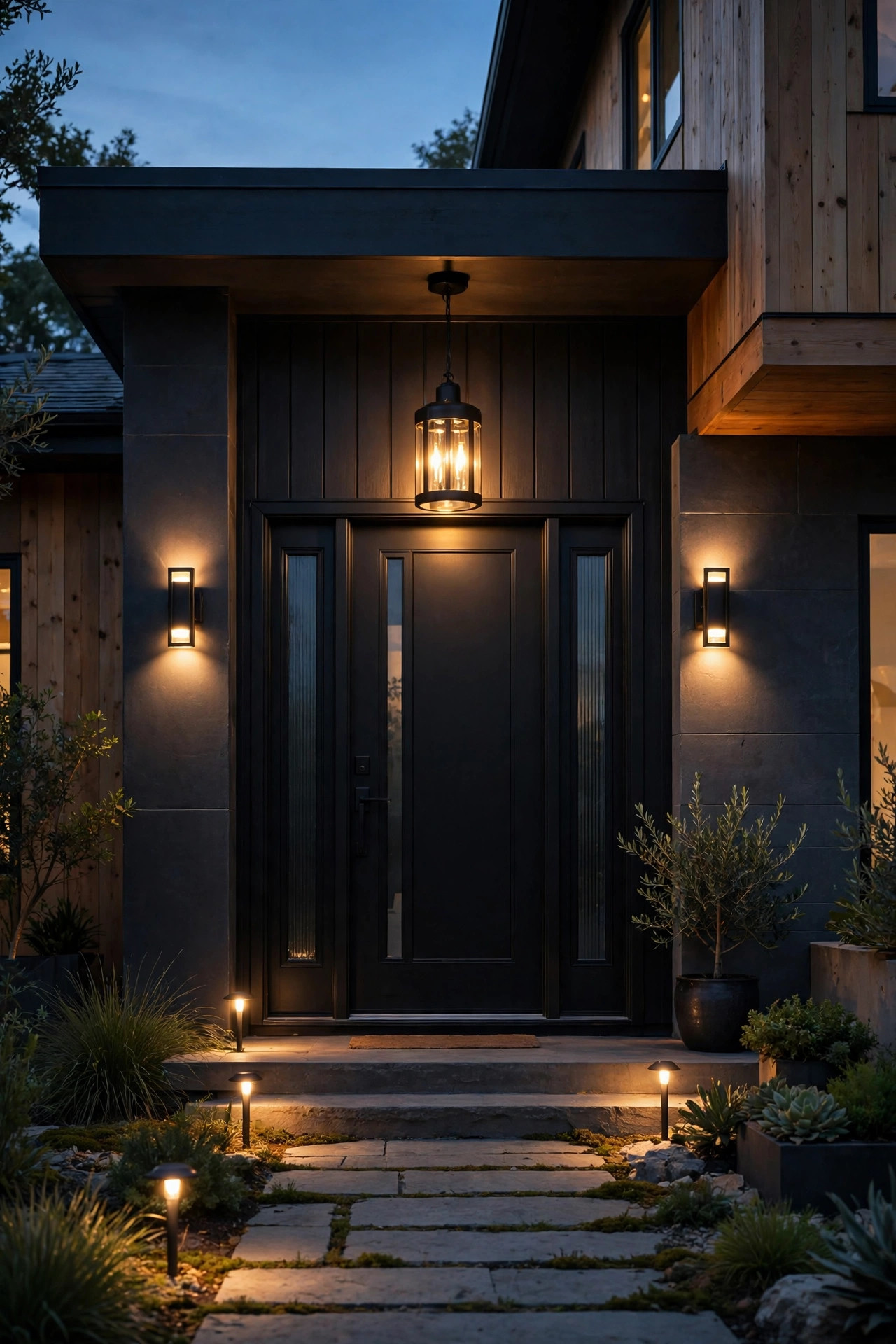Layered black front door lighting with sconces, overhead pendant and path lights glowing together at dusk