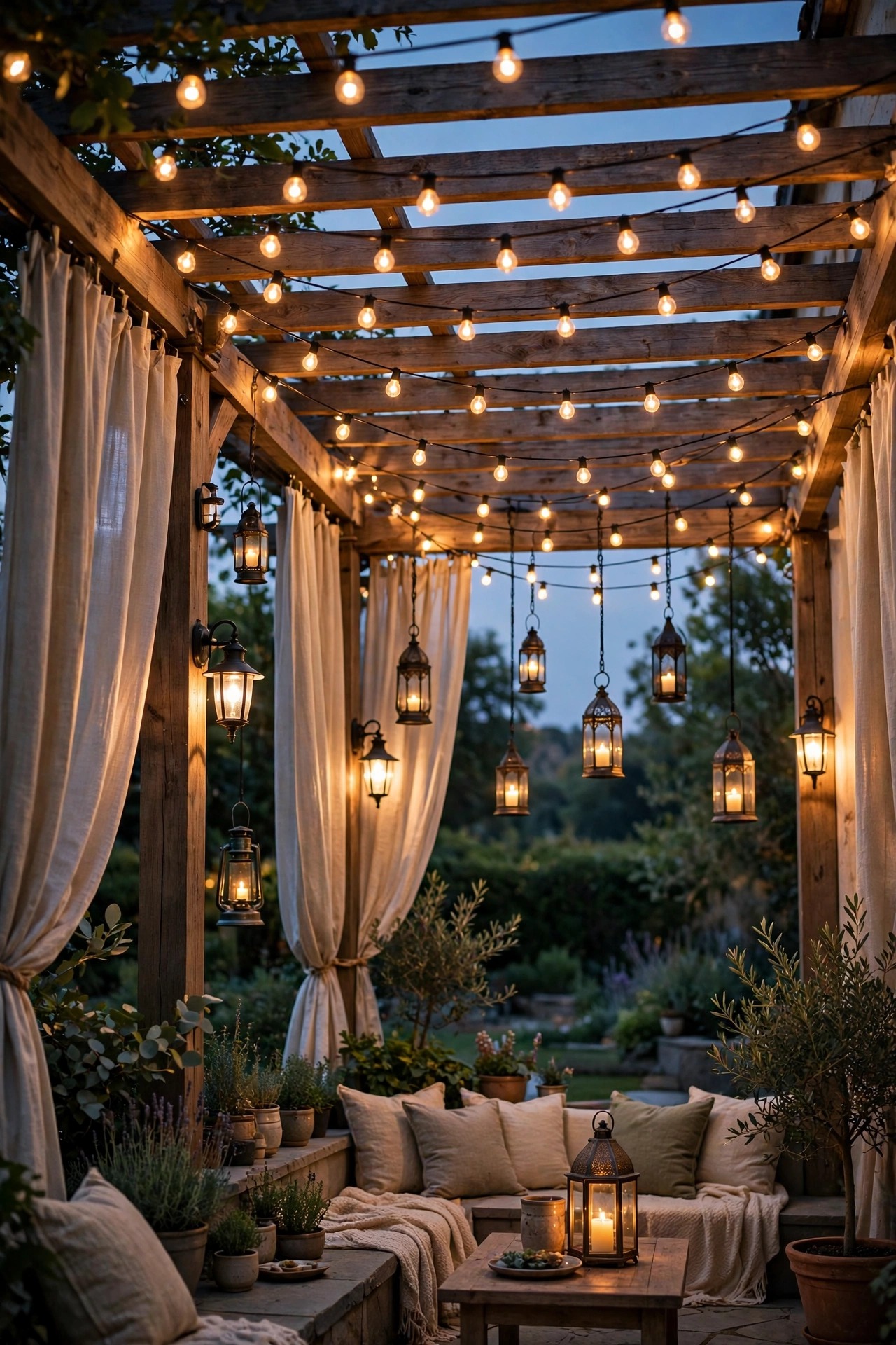 Fully layered privacy fence lighting with post caps, path lights, uplighting and string lights in one backyard