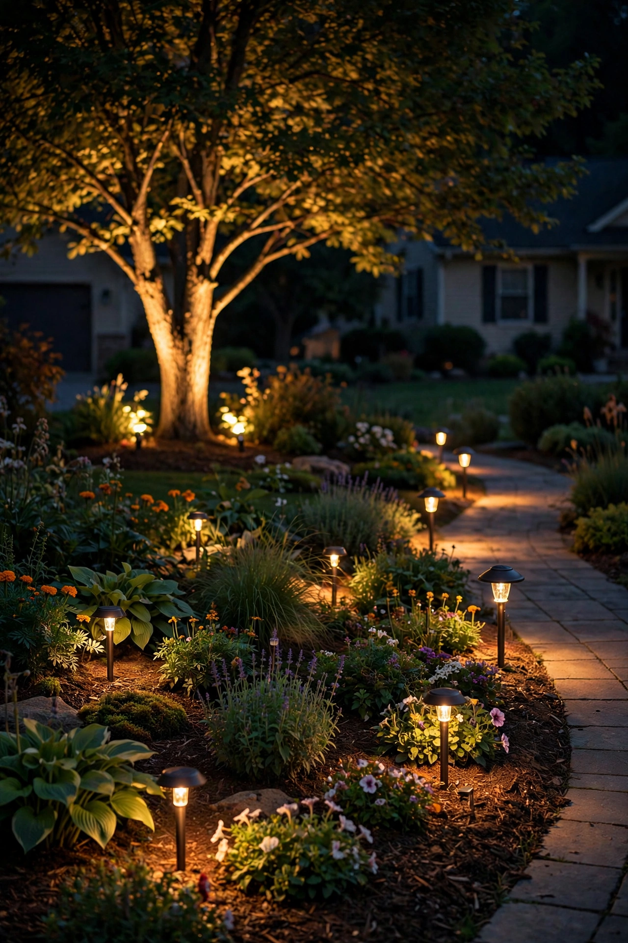 Garden bed with layered uplights stake lights and path lights glowing at night