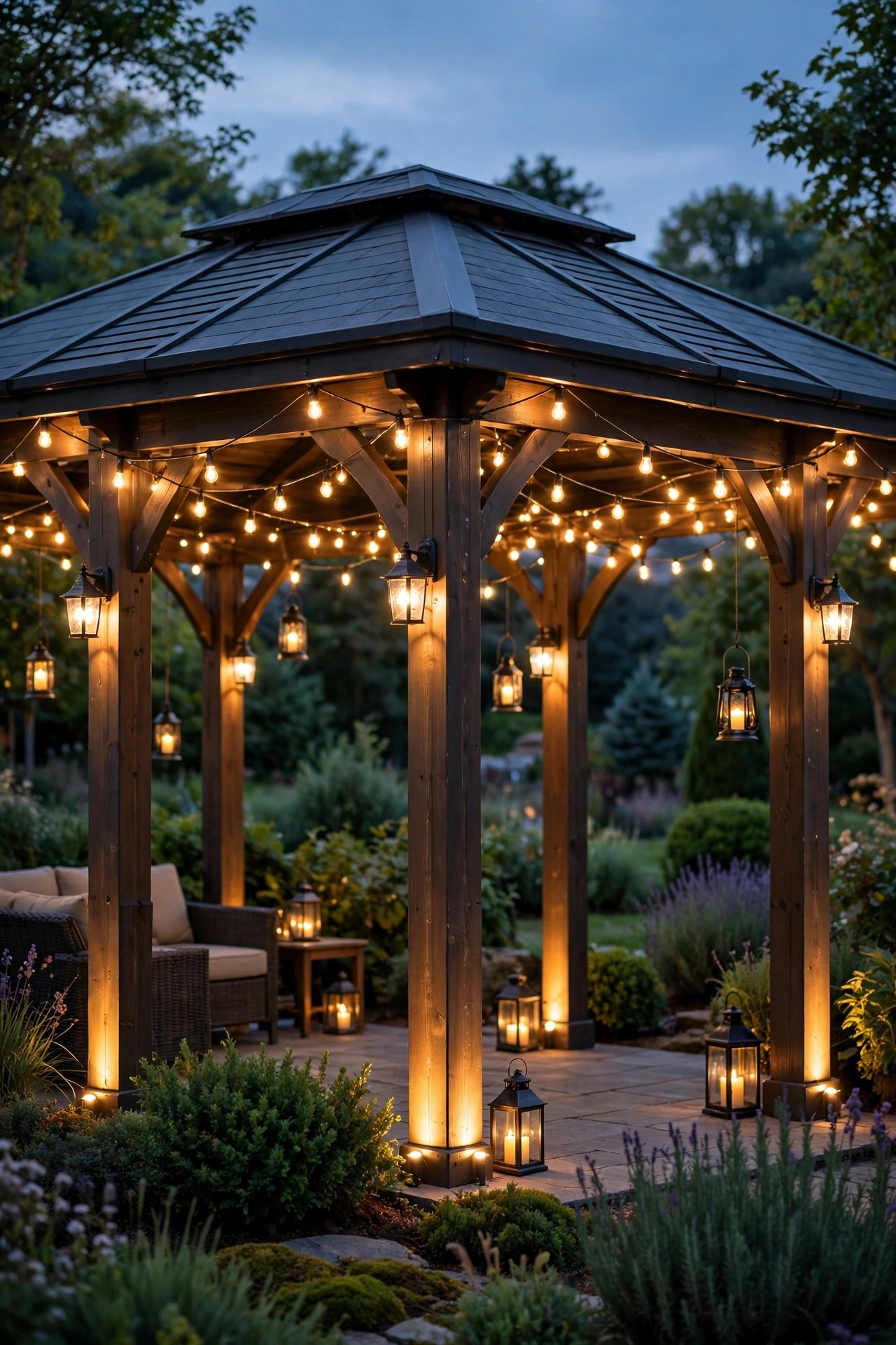 Hardtop gazebo at dusk with every lighting layer glowing together, string lights, sconces, uplights and lanterns in warm harmony