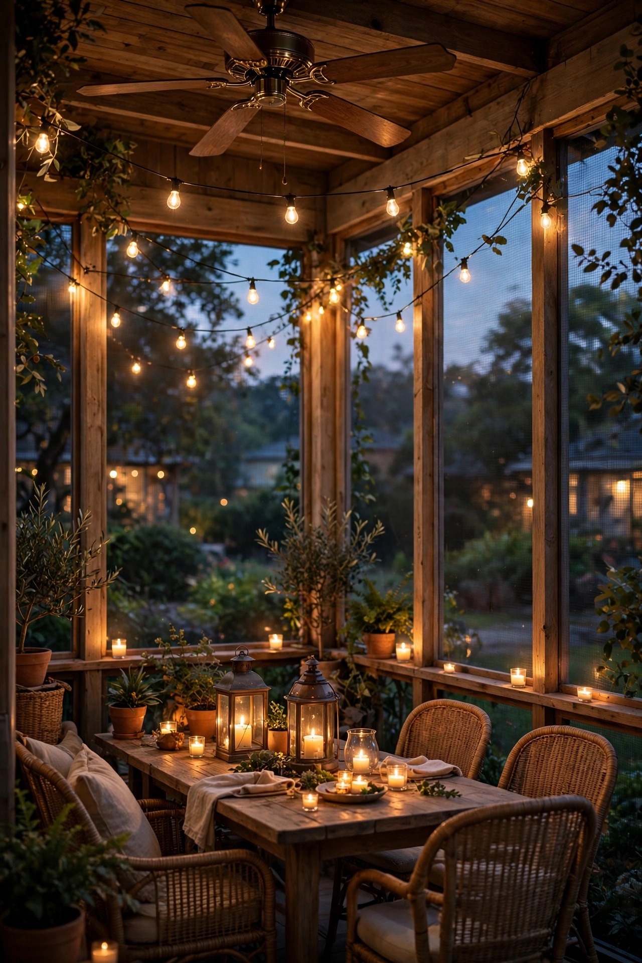 Fully layered screened porch at night with warm string lights, table lanterns, candles and a ceiling fan