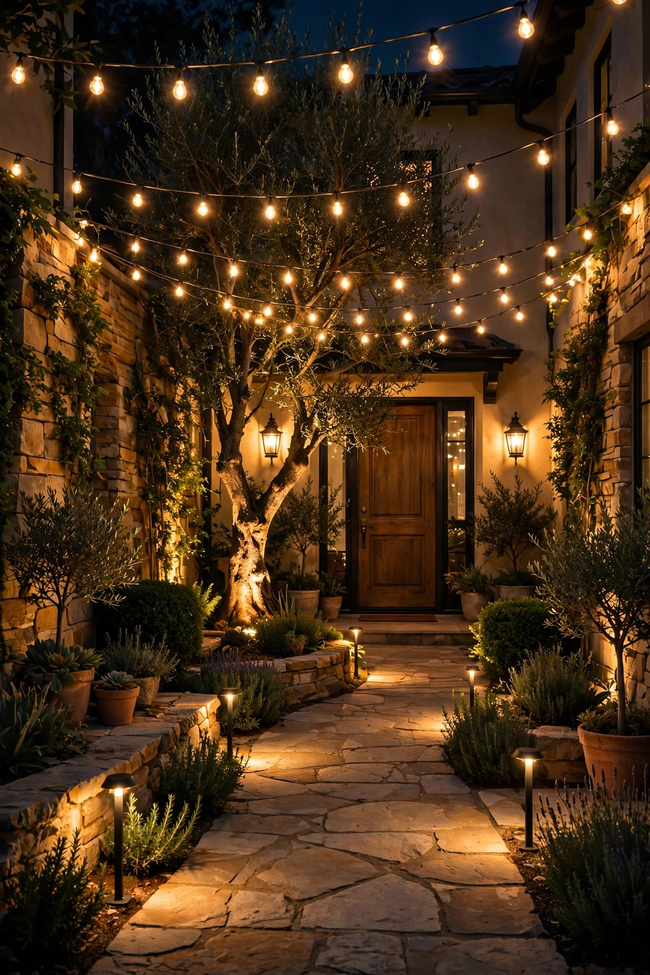 Fully layered courtyard entry at night with sconces, path lights, uplights, and string lights glowing together