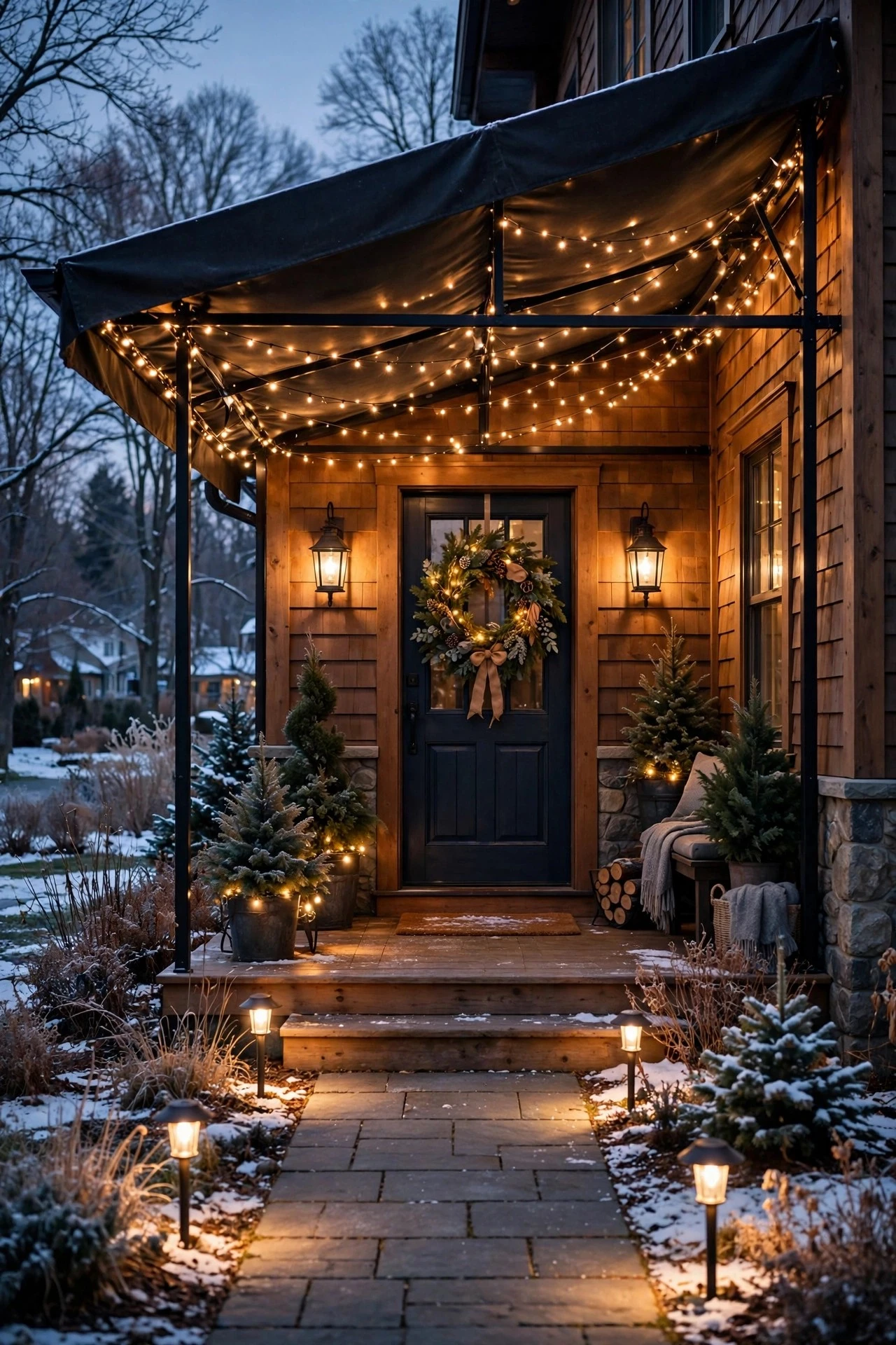 Fully layered winter porch lighting with canopy, lanterns, wreath and path lights glowing together