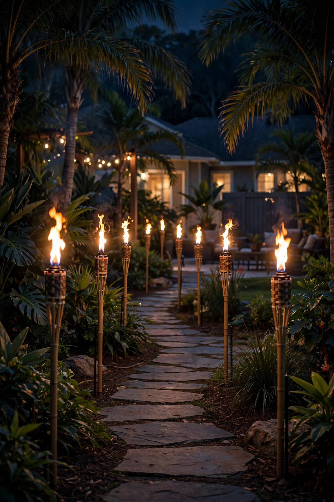 LED tiki torches with flame effects lining a tropical garden walkway