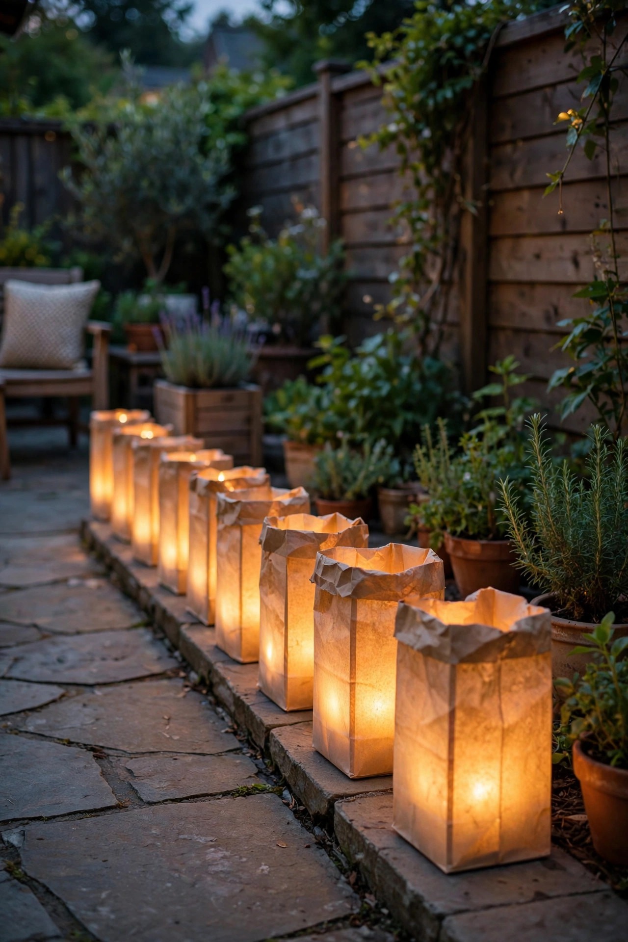 Row of glowing luminaria bags with LED candles edging a backyard patio
