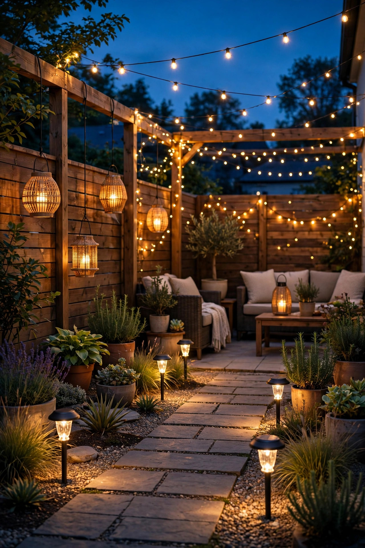 Finished backyard at dusk combining solar path lights, battery lanterns and USB string lights in one warm layered glow