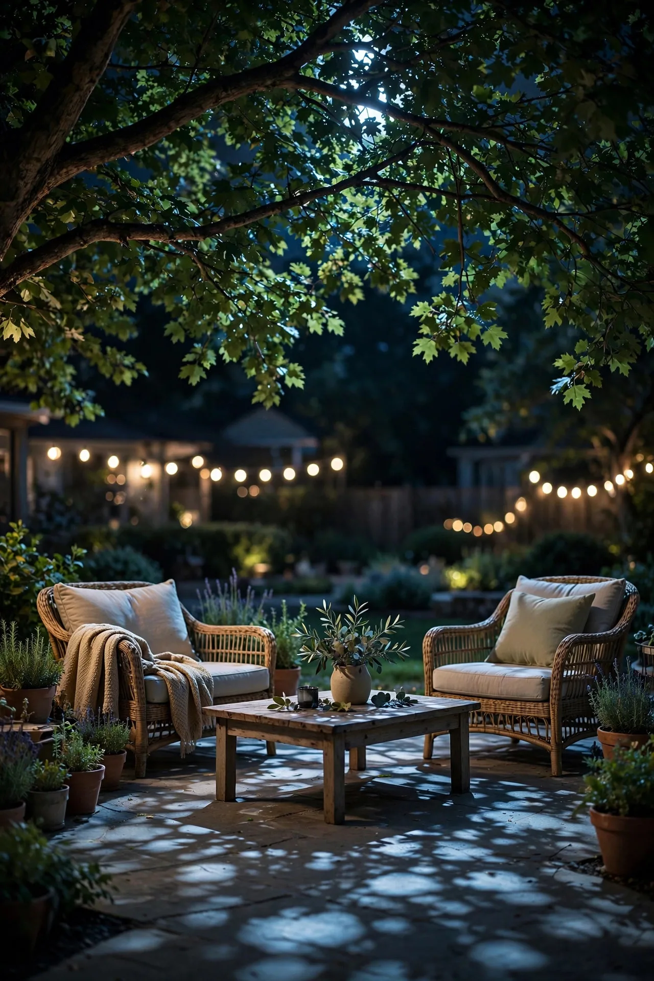 Moonlight-style downlight glowing through tree branches over a summer patio