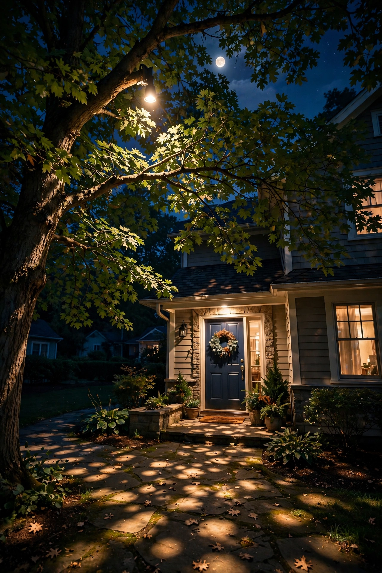 Moonlighting downlight in a tree casting dappled warm light over a front entry
