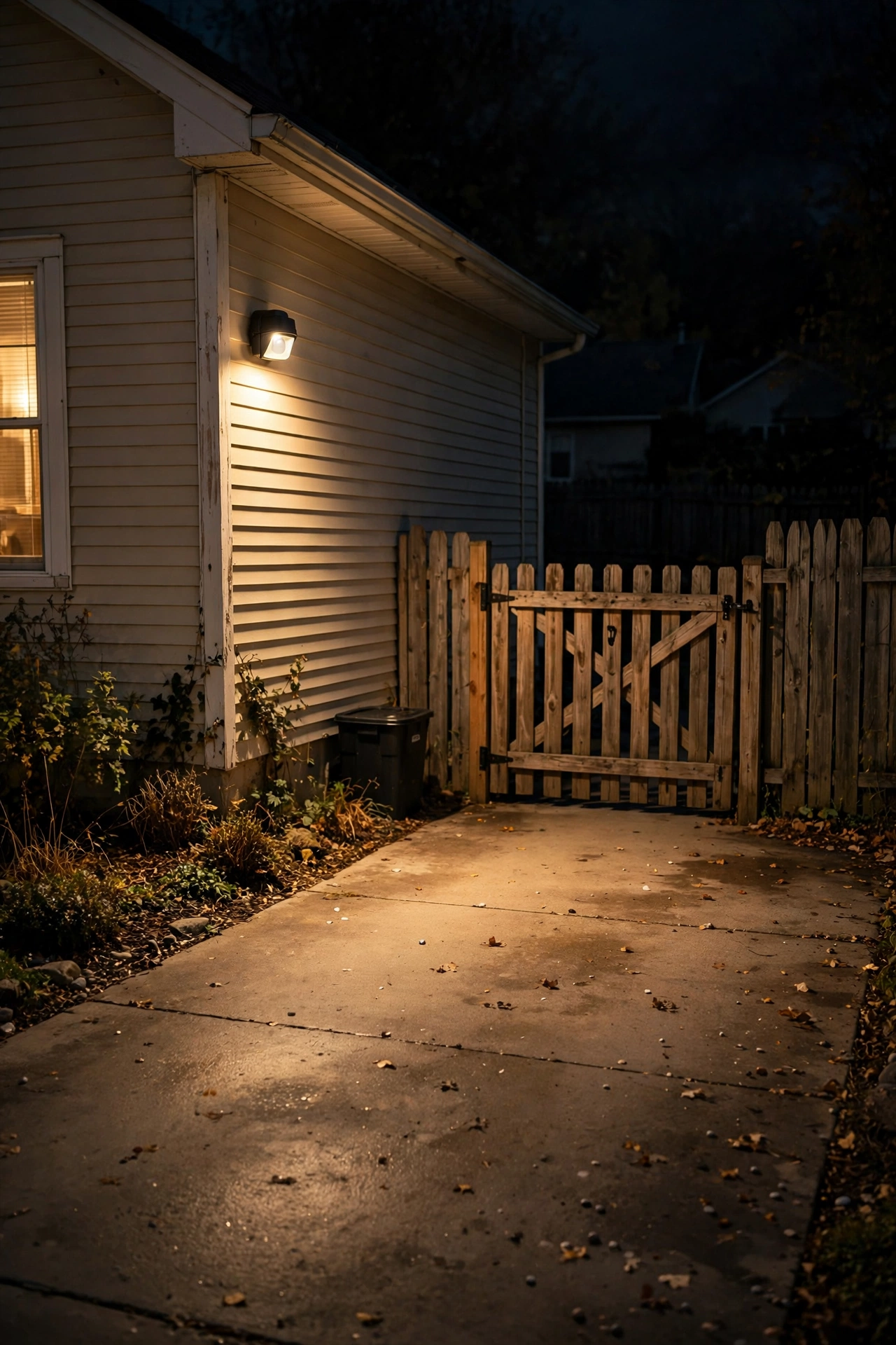 Warm motion sensor light softly illuminating a driveway and side gate at night