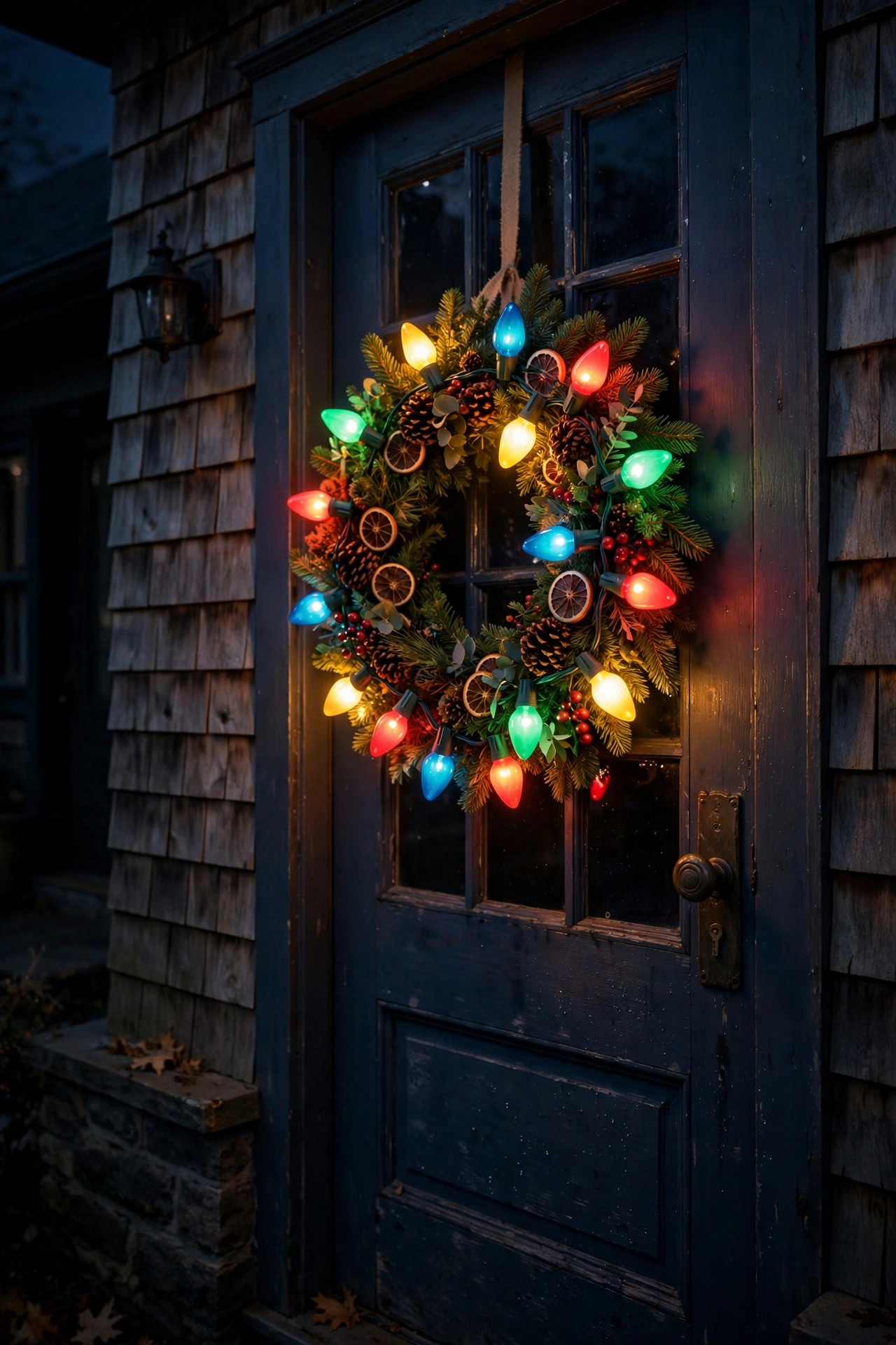 Vintage-style multicolor pre-lit wreath glowing on a side door at night