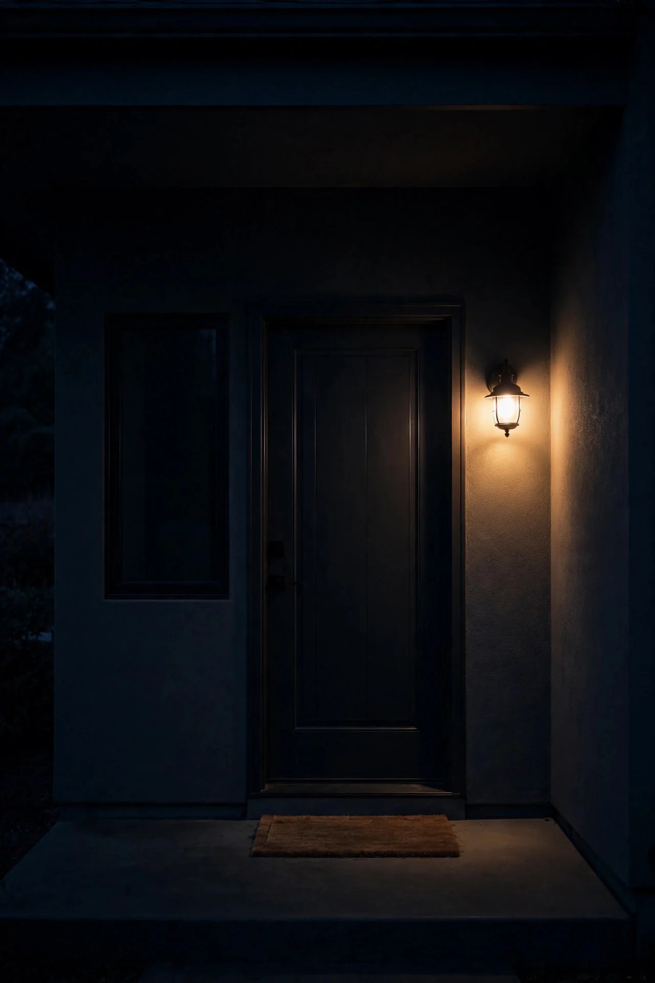 Quiet front entry at night with only a warm porch sconce glowing beside a dark door