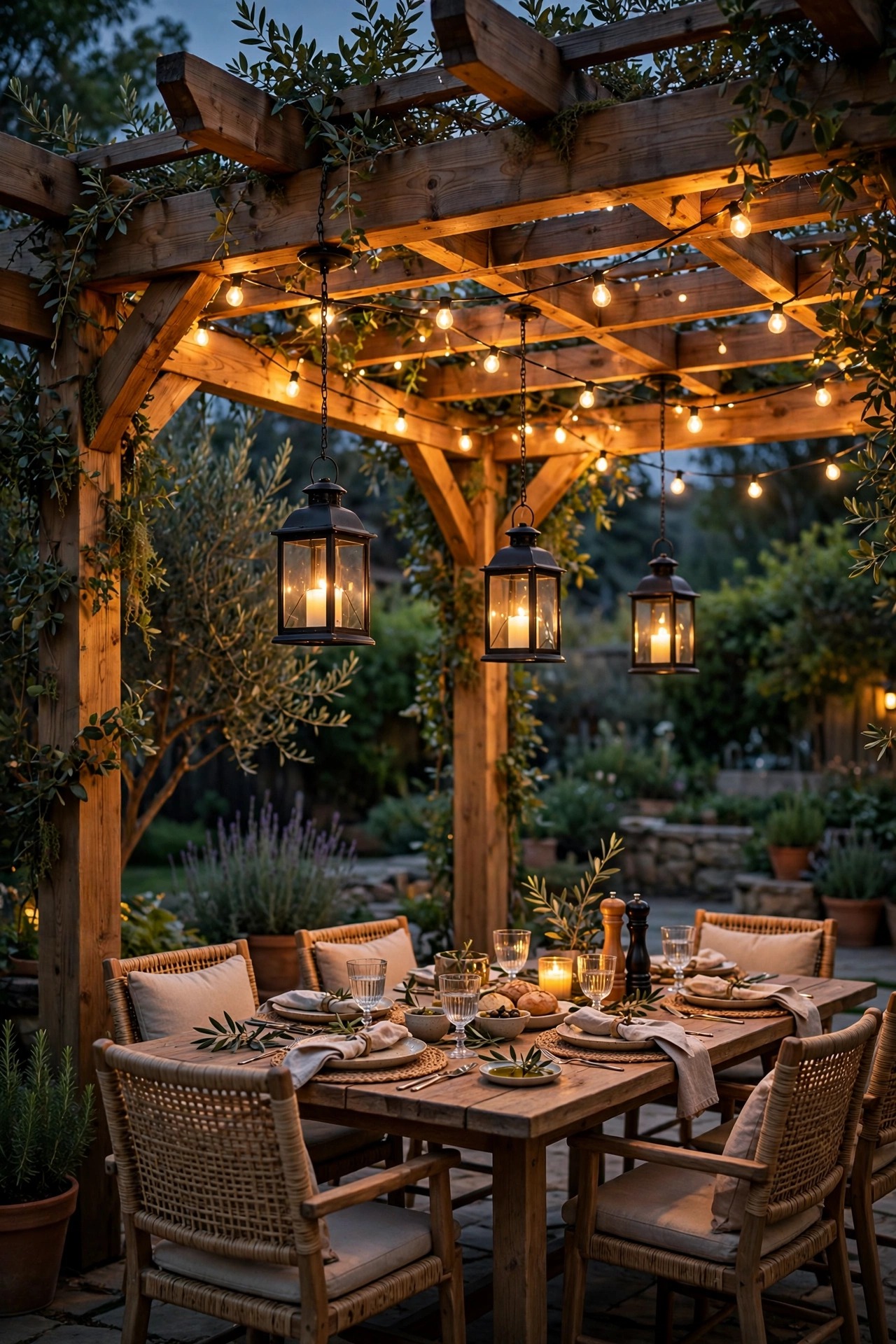 Cedar pergola with black lantern pendants and string lights glowing over an outdoor dining table