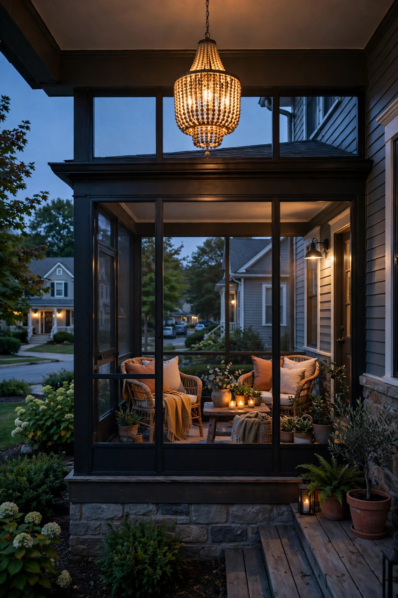 Small beaded chandelier glowing above screened porch seating like an outdoor living room