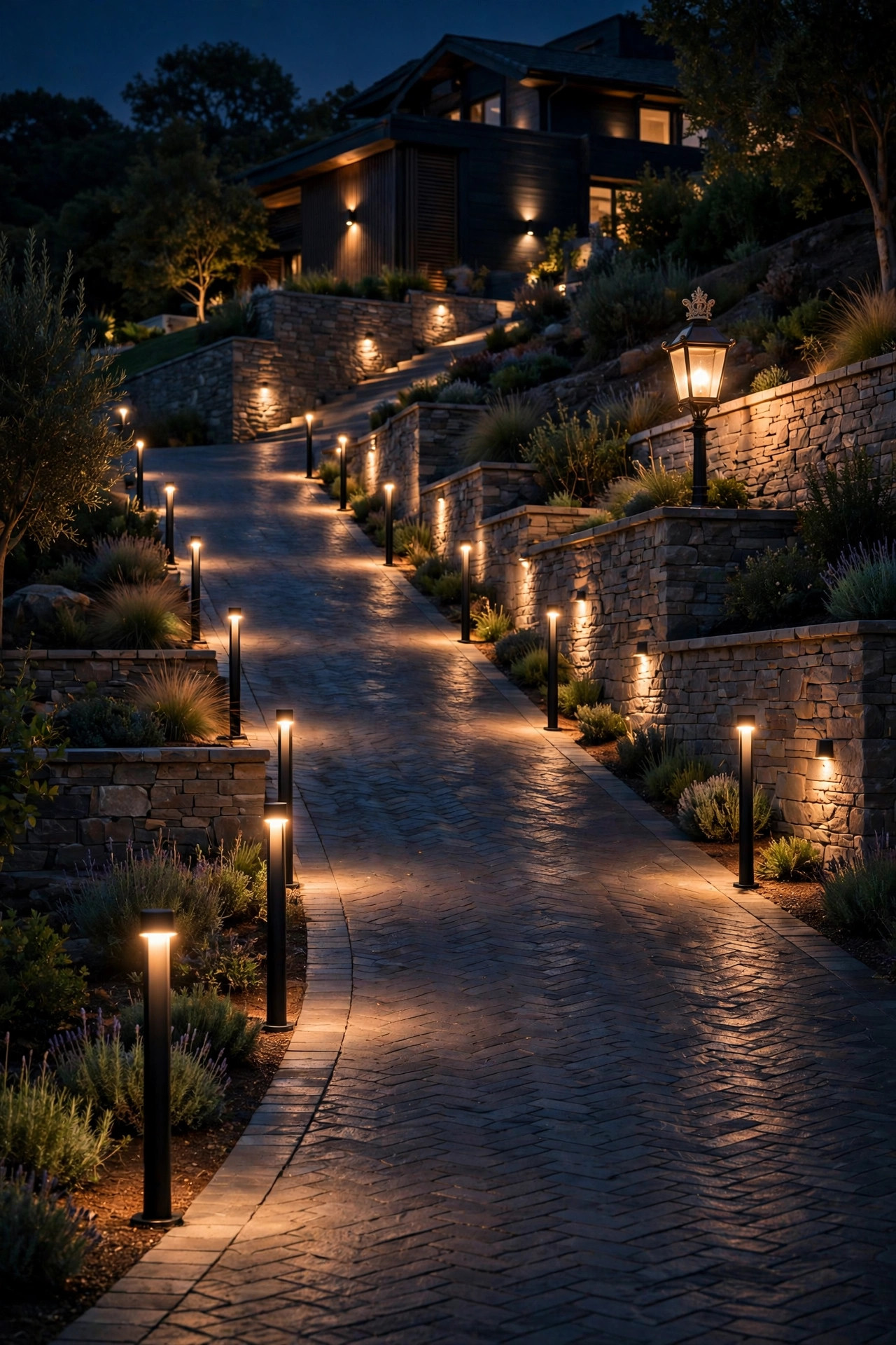 A professionally designed steep driveway lighting plan glowing at night, with layered bollards, wall lights and a crest lamp post