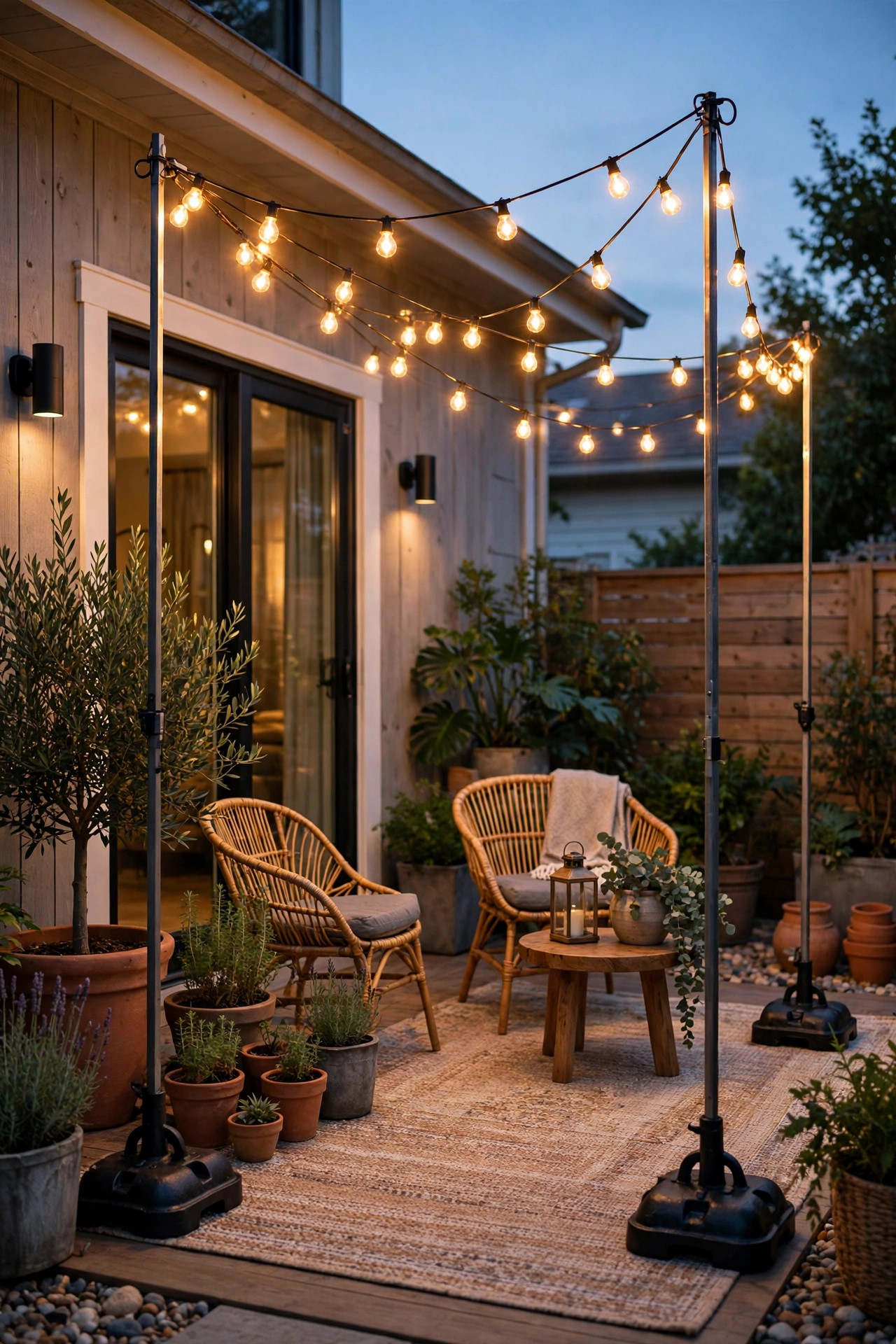 A renter-friendly patio glowing with string lights on weighted-base and planter poles with no permanent installation