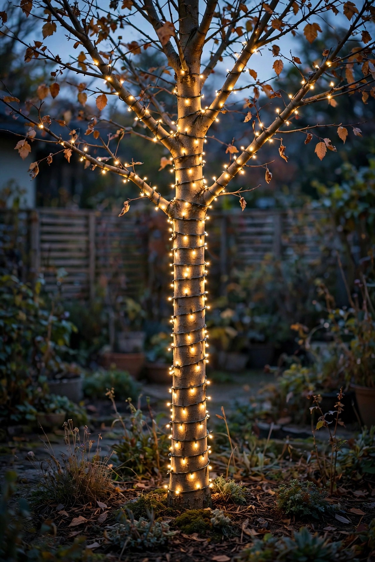 Freshly re-wrapped tree at dusk with neat even fairy light spacing after a seasonal reset