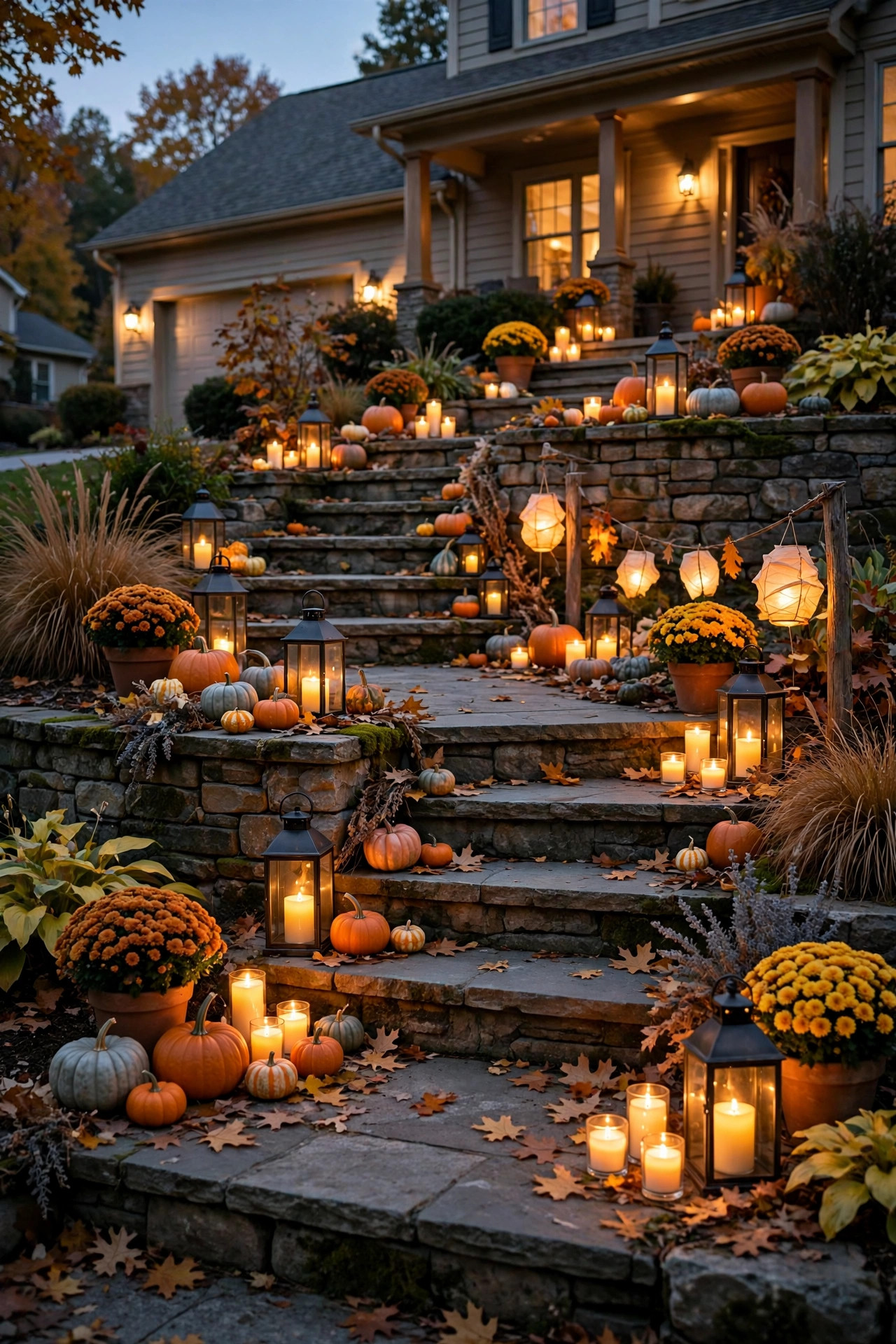 Terraced stair landings decorated with seasonal lanterns and flameless candles glowing in the evening