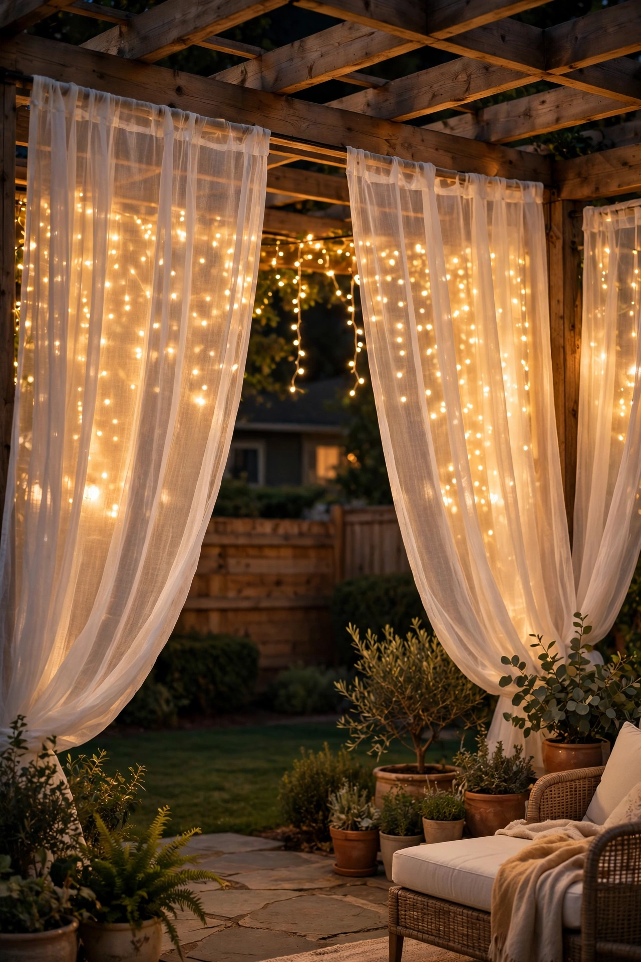 Sheer outdoor curtains glowing with fairy lights behind them on a pergola at night