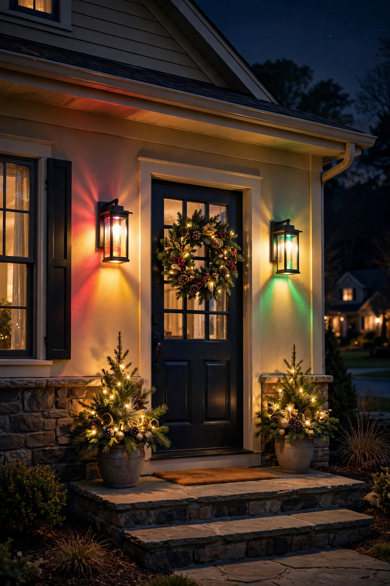Smart color-changing outdoor wall lanterns glowing festive colors on a home entry at night