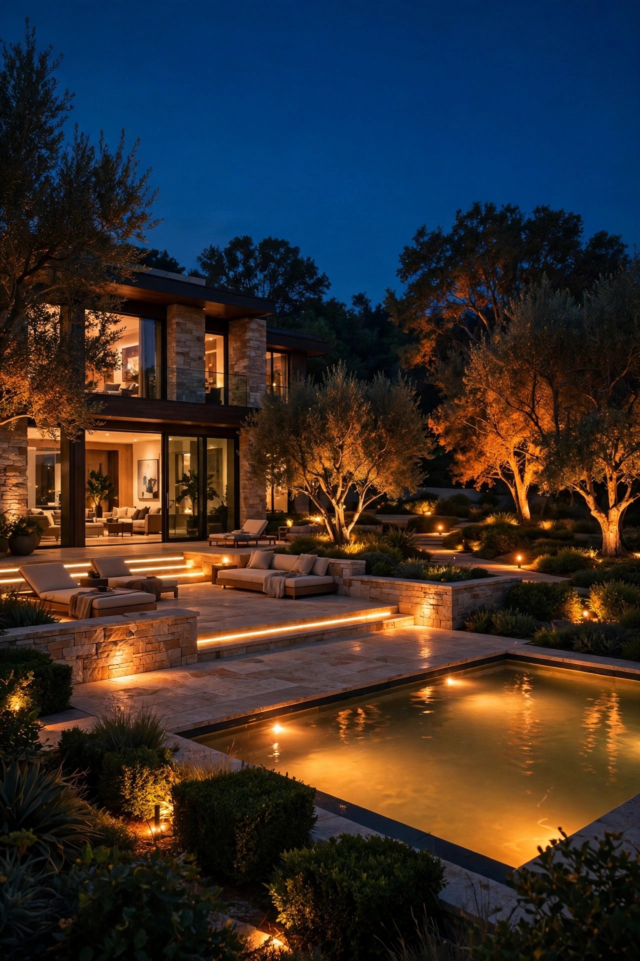A luxury home and garden at night glowing in a programmed evening lighting scene, terrace, pool, and trees lit in coordinated warm zones