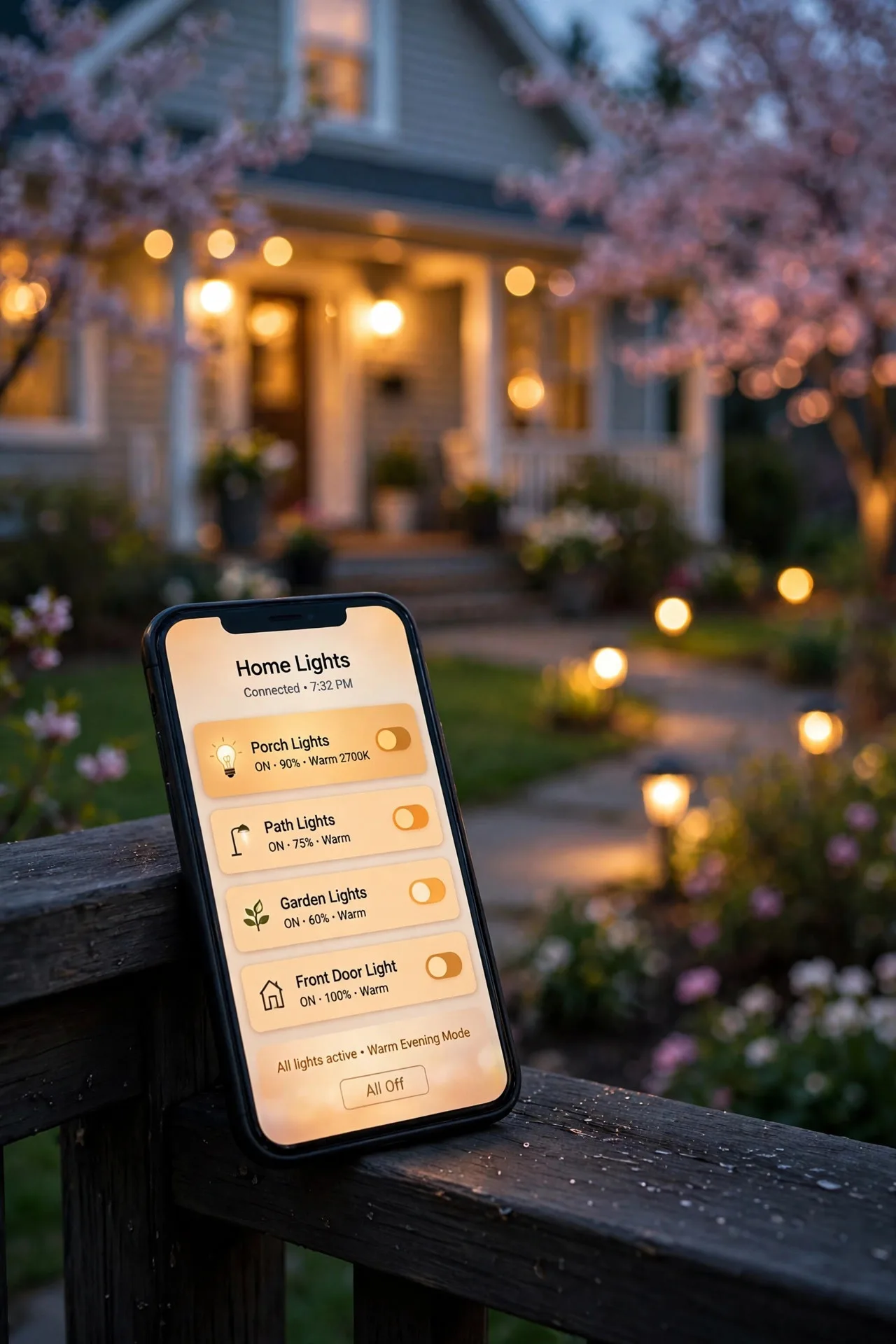 Hand holding a phone controlling outdoor smart lighting timers beside a glowing spring front yard at dusk