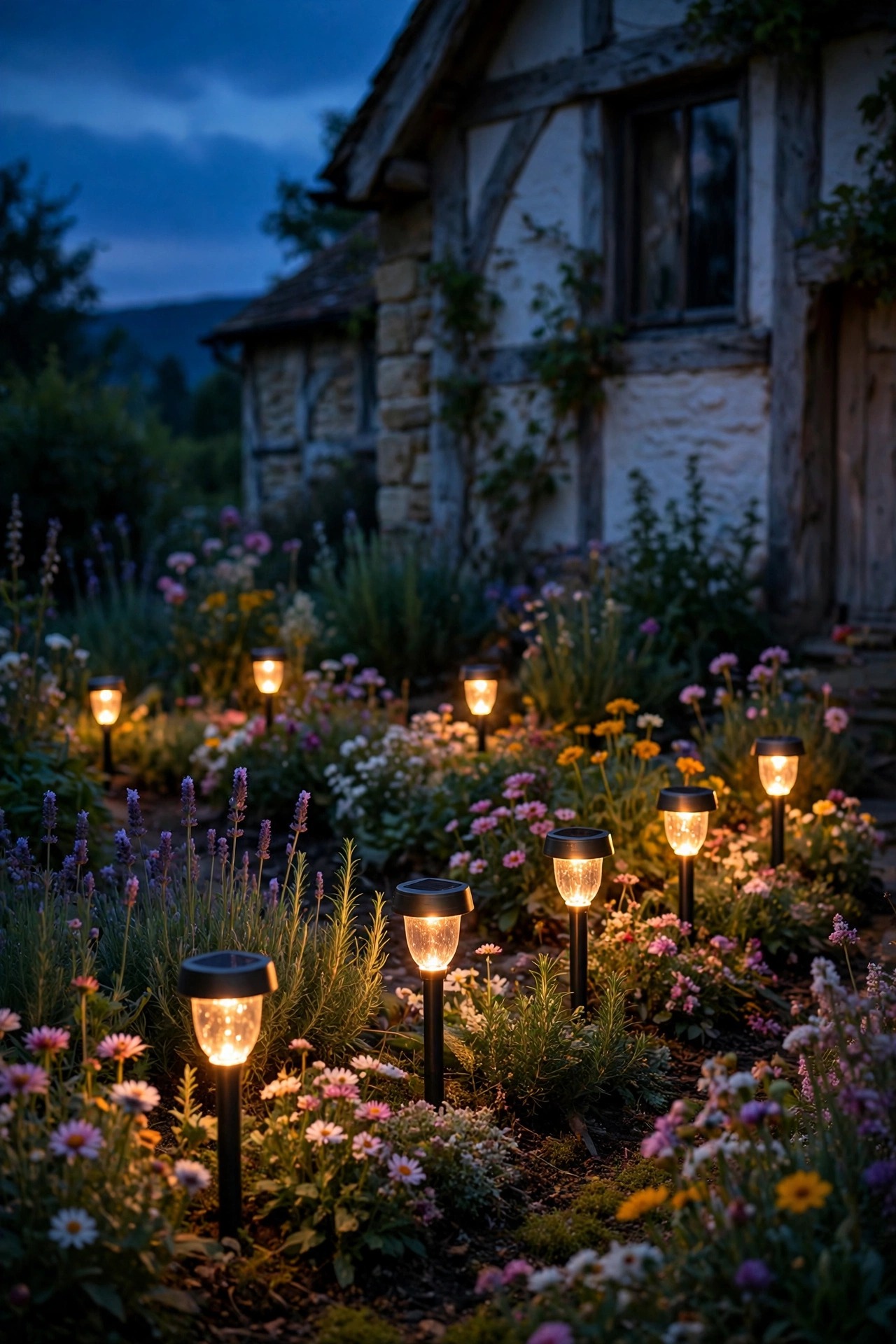 Short warm solar stake lights edging a cottage flower border at dusk